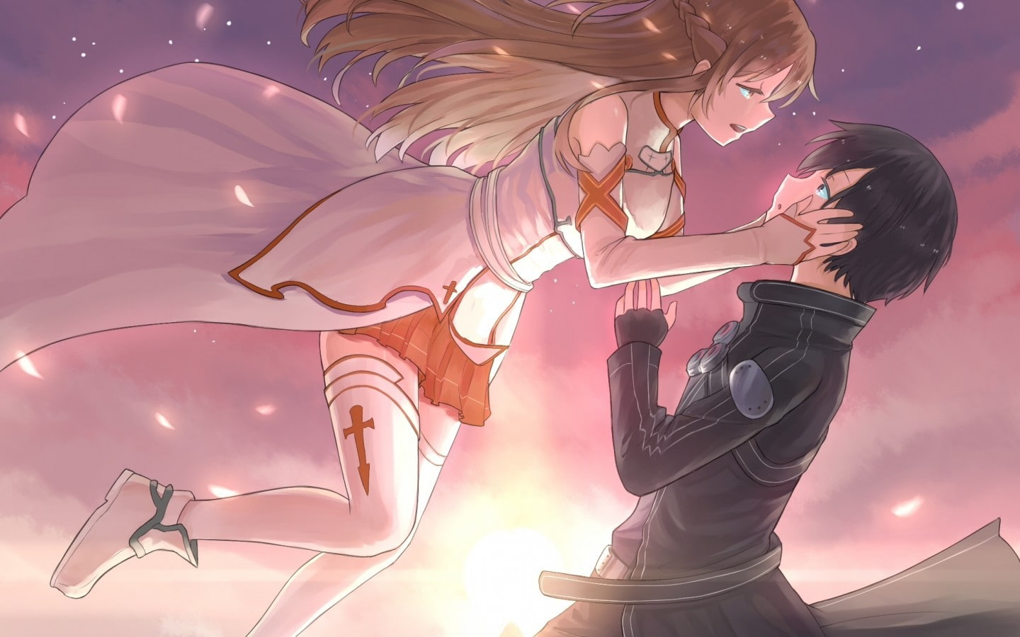 thigh-highs, Sword Art Online, artwork, Kirigaya Kazuto, 720P, Yuuki Asuna, HD Wallpaper