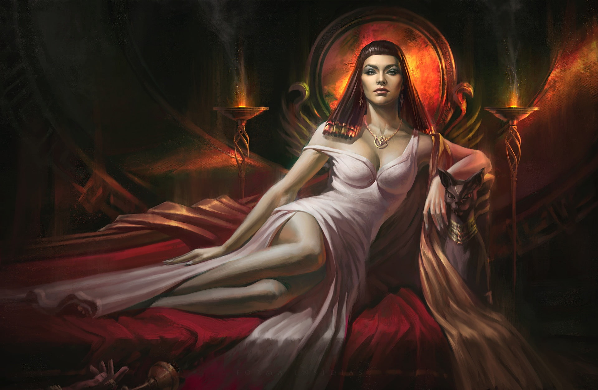 1080P, cat, woman, black, Priestess, haired, Max Yenin, art, girl, illustration, bed, HD Wallpaper