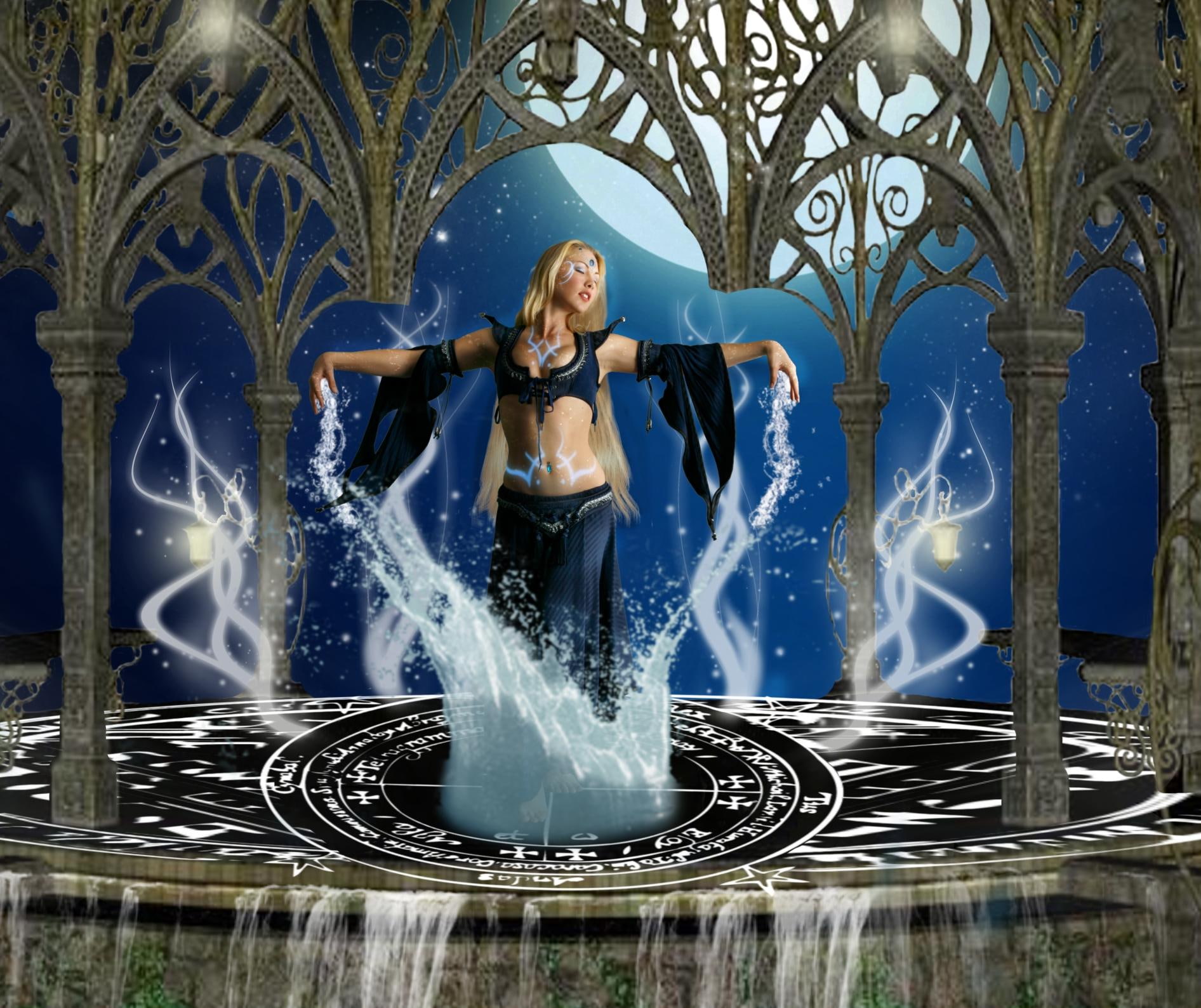 priestess, water, woman, blue, moon, 720P, HD Wallpaper