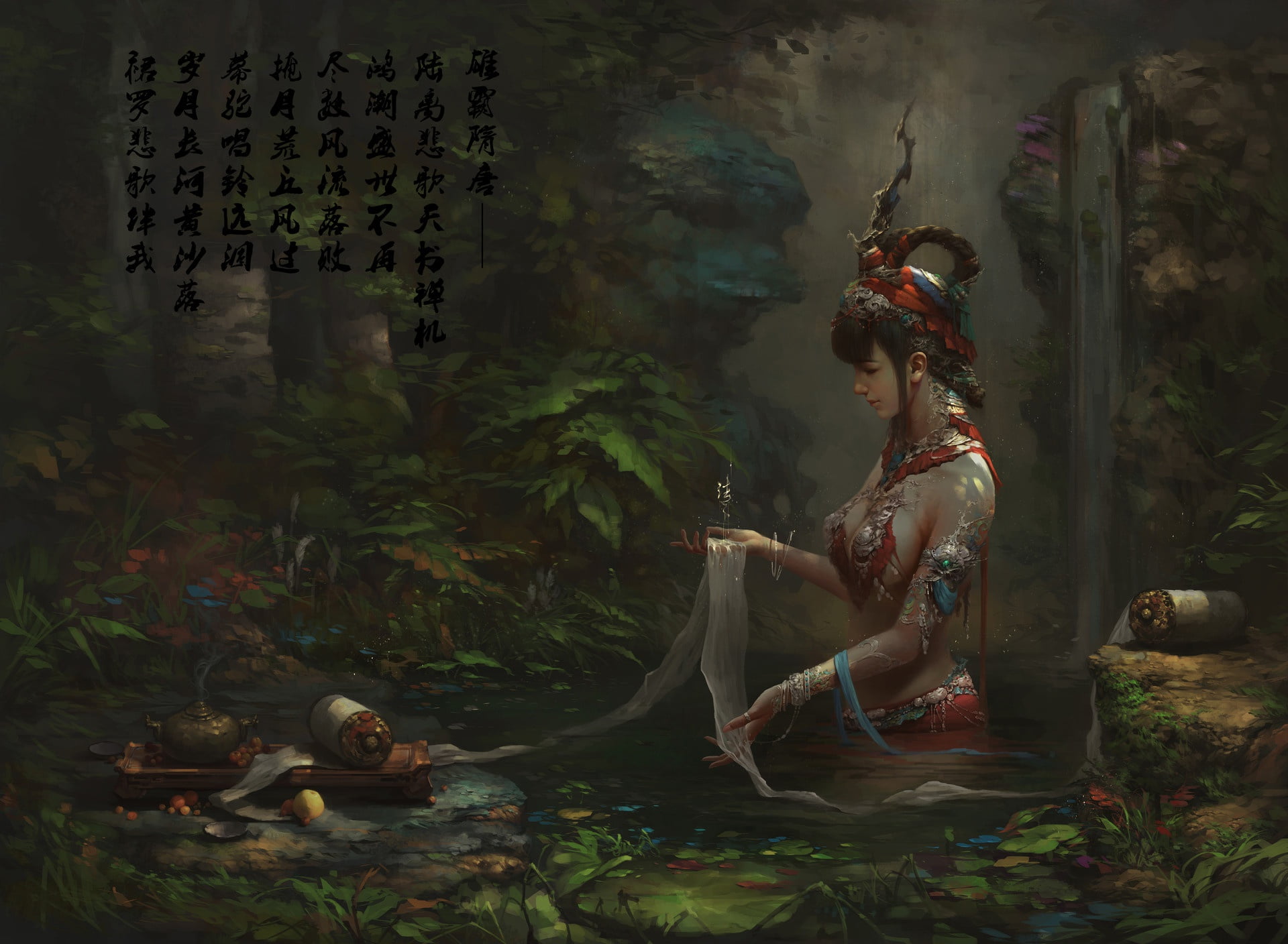 fairy forest, characters, Zhao Huanhua, scroll, stream, hairstyle, 1080P, ritual, priestess, rite, art, waterfall, decoration, HD Wallpaper