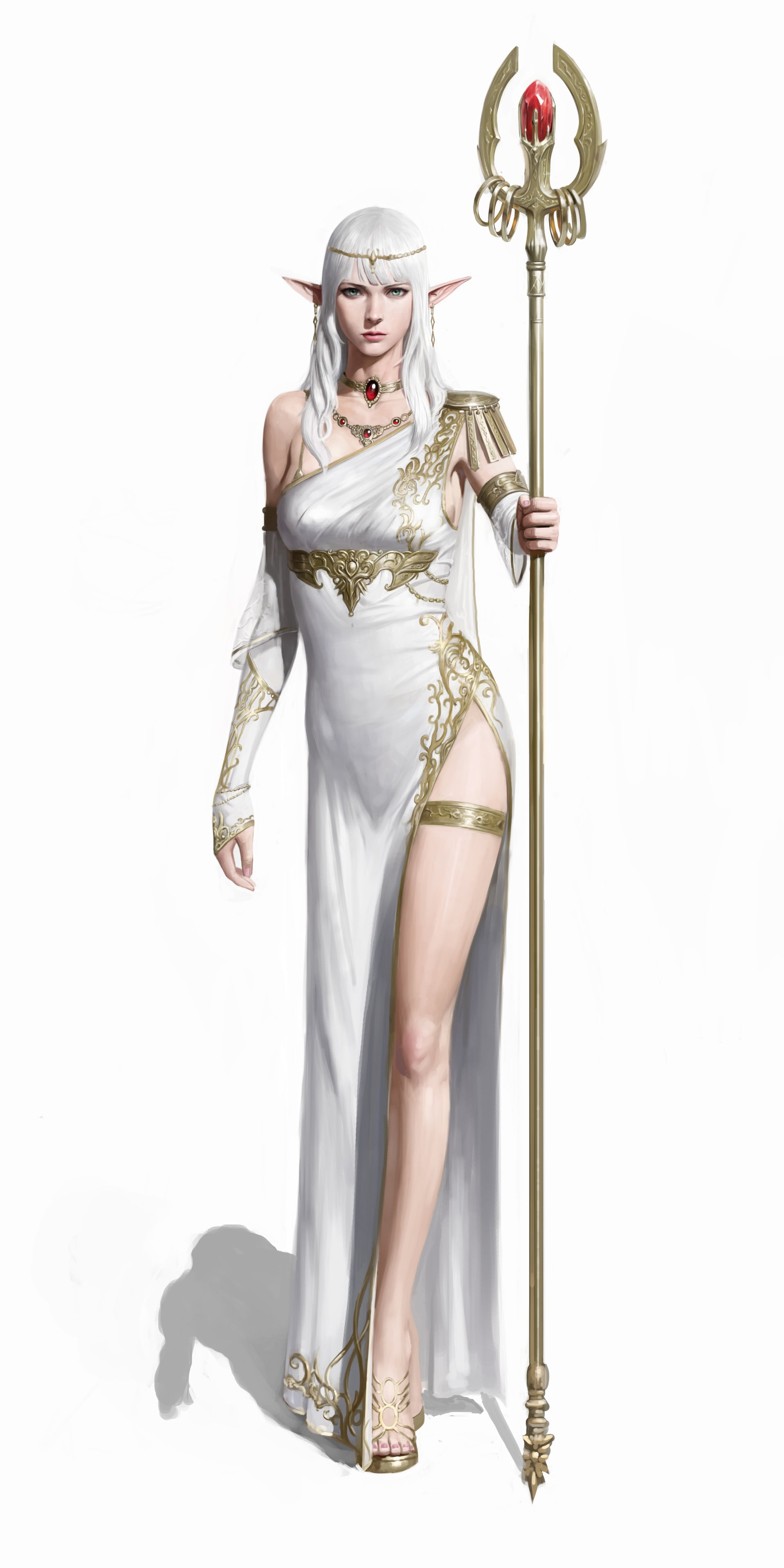 shoes, simple background, straight hair, dress, gold, high heels, staff, priestess, elves, jewelry, silver hair, white clothing, Yongwon Park, 2K, drawing, Phone HD Wallpaper