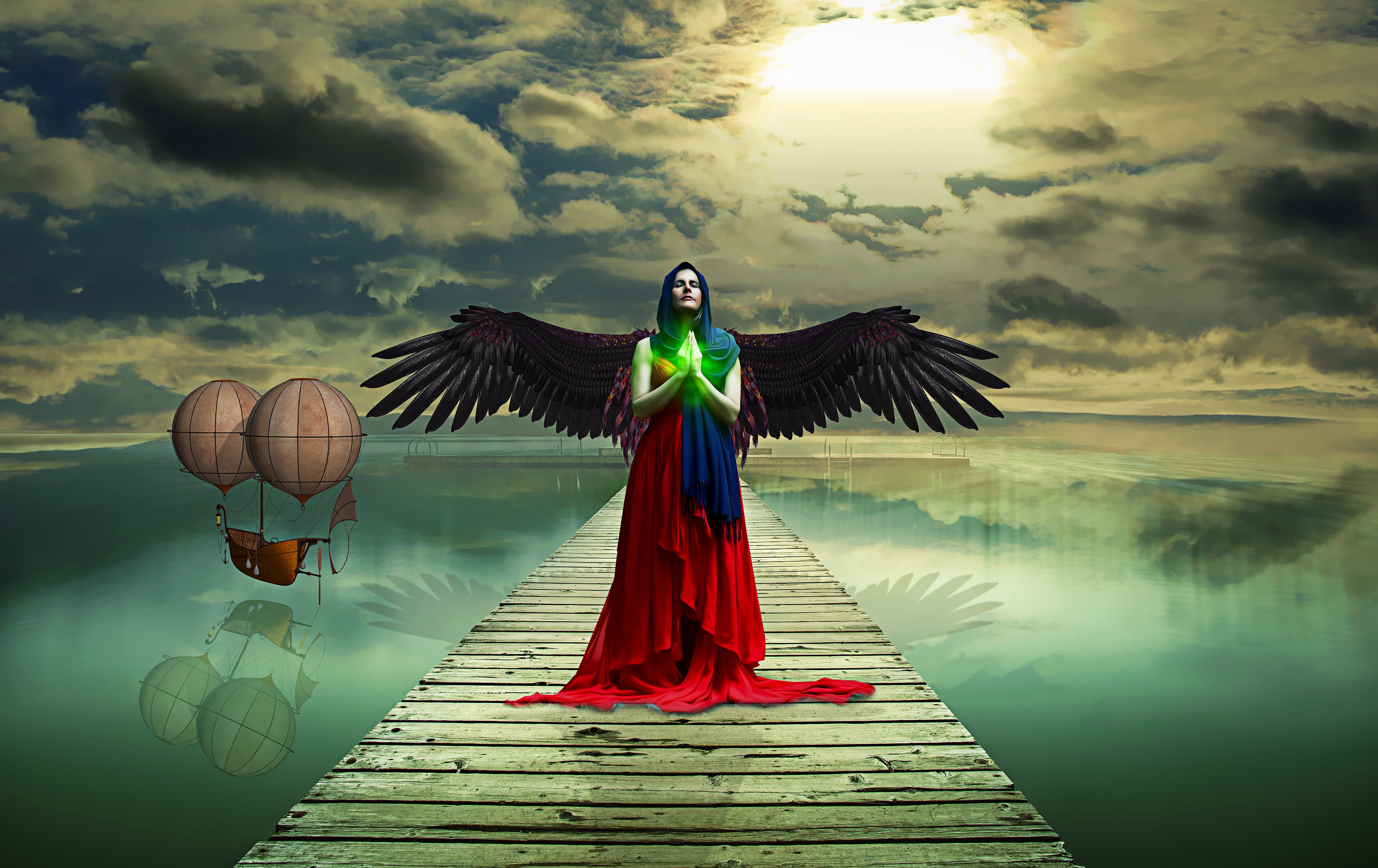 cloud - sky, traditional clothing, lake, jetty, mountain, priestess, bird, female, day, 4K, fantasy, standing, spread wings, full length, pray, water, HD Wallpaper
