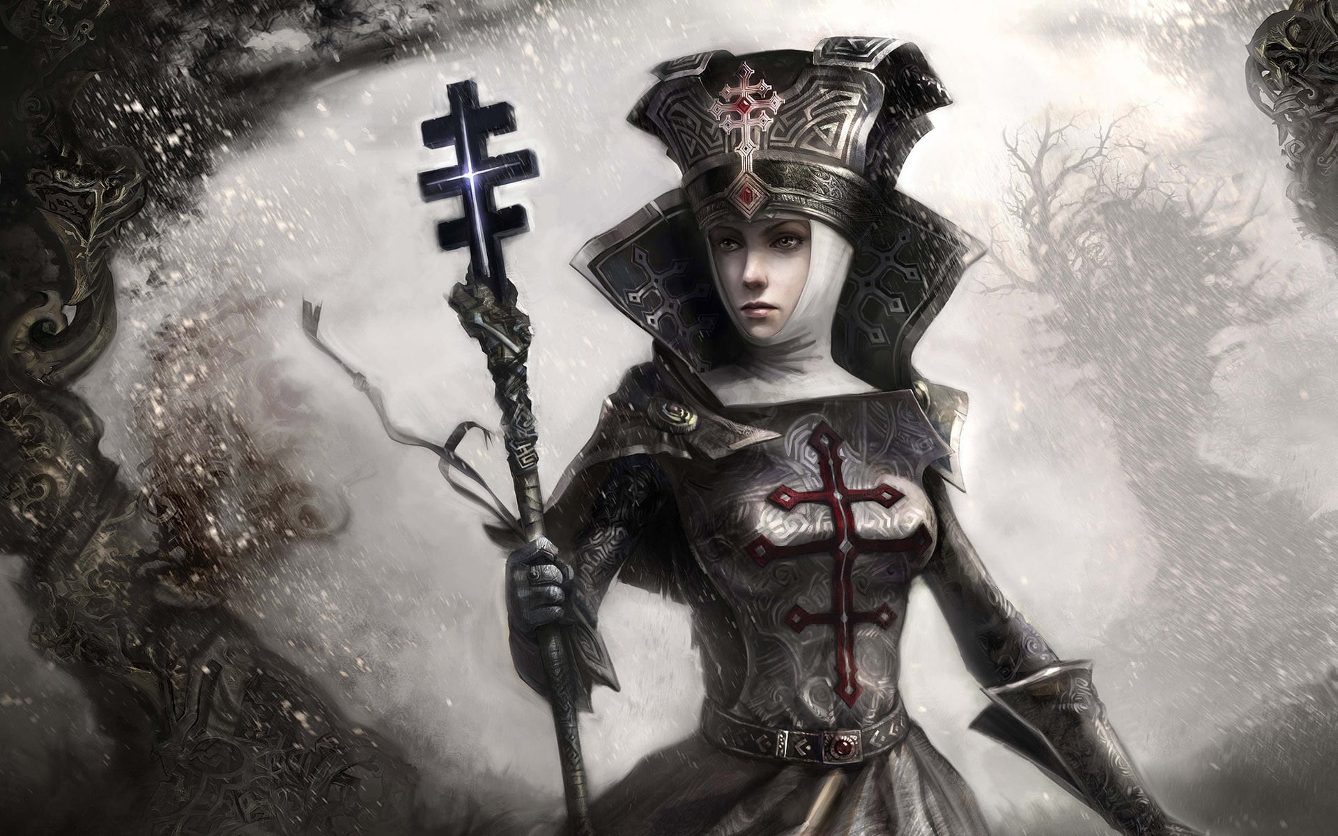 female likeness, 1080P, priestess, male likeness, people, holding, representation, front view, nature, statue, human representation, looking at camera, HD Wallpaper