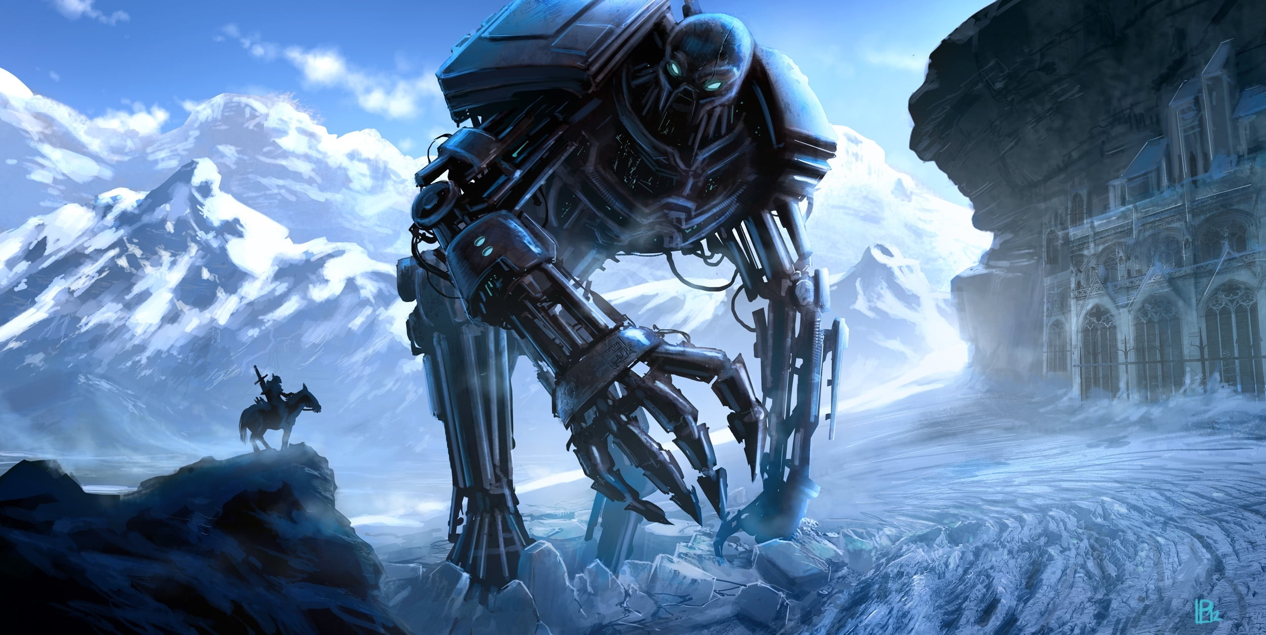 environment, adventure, representation, Loyvet Stone, human representation, giant, sport, blue, robot, snow, architecture, rider, horse, scenics - nature, HD Wallpaper