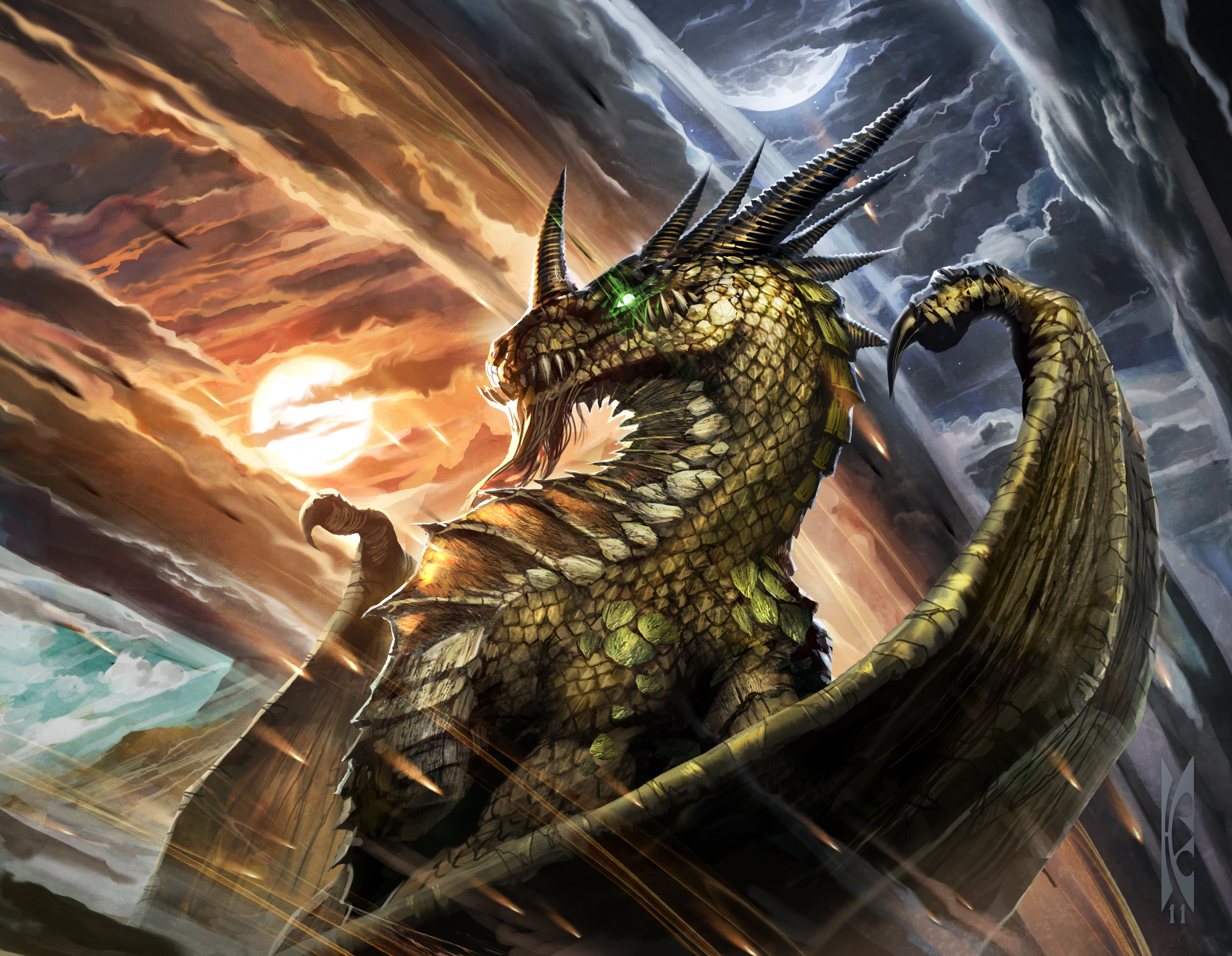 Dragon Consort, one animal, The wife of the dragon, close-up, sea, the sky, water, Hearthstone, map, Blackrock Mountain, nature, the moon, the sun, WoW, HD Wallpaper