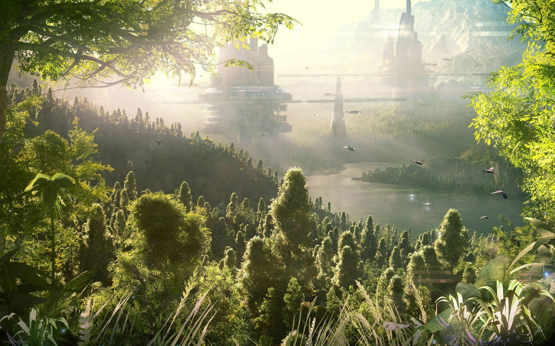 fantasy, Futuristic, digital, forest, Jungle, 1080P, cities, art, CG, sci, fi, landscapes, HD Wallpaper