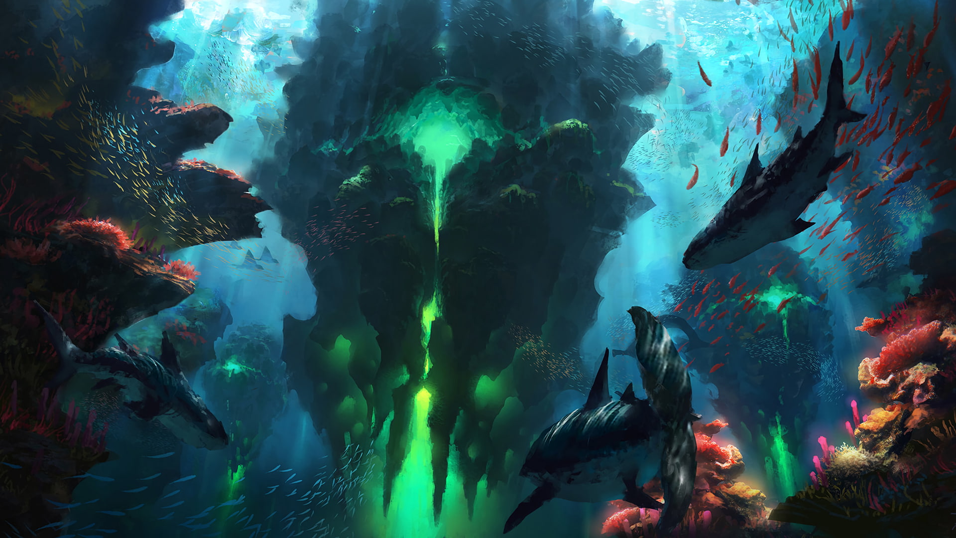1080P, fantasy art, sea, digital art, shark, underwater, HD Wallpaper