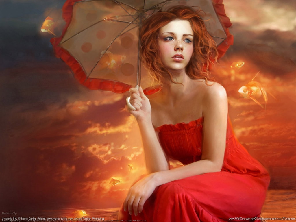 sunset, 480P, sunrice, cg, umbrilla, sad, red, girl, d, art, abstract, SADNESS, hd, HD Wallpaper