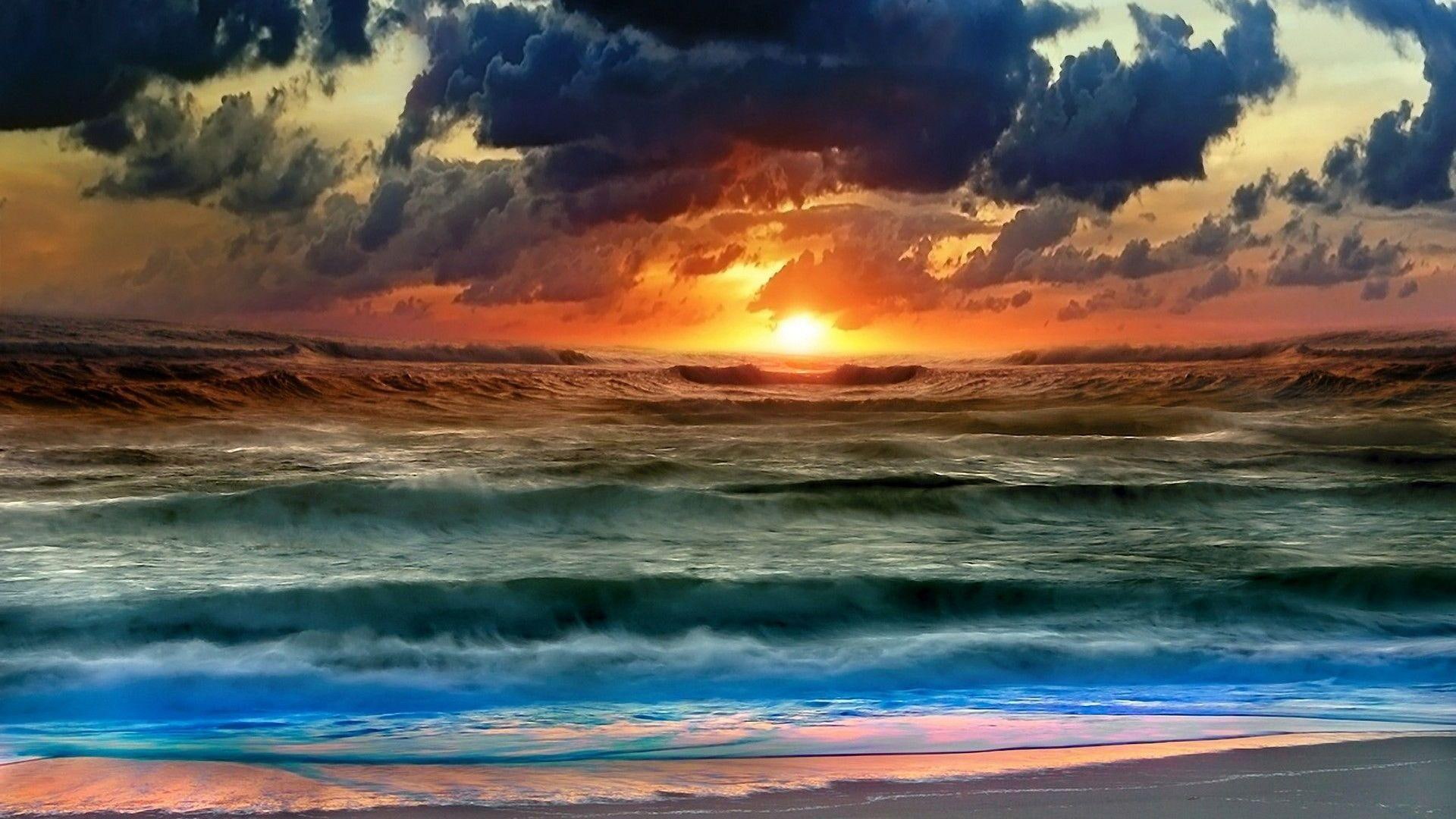 wave, clouds, beach, god, nature, sunset, 1080P, 3d and abstract, power, beautiful, view, HD Wallpaper
