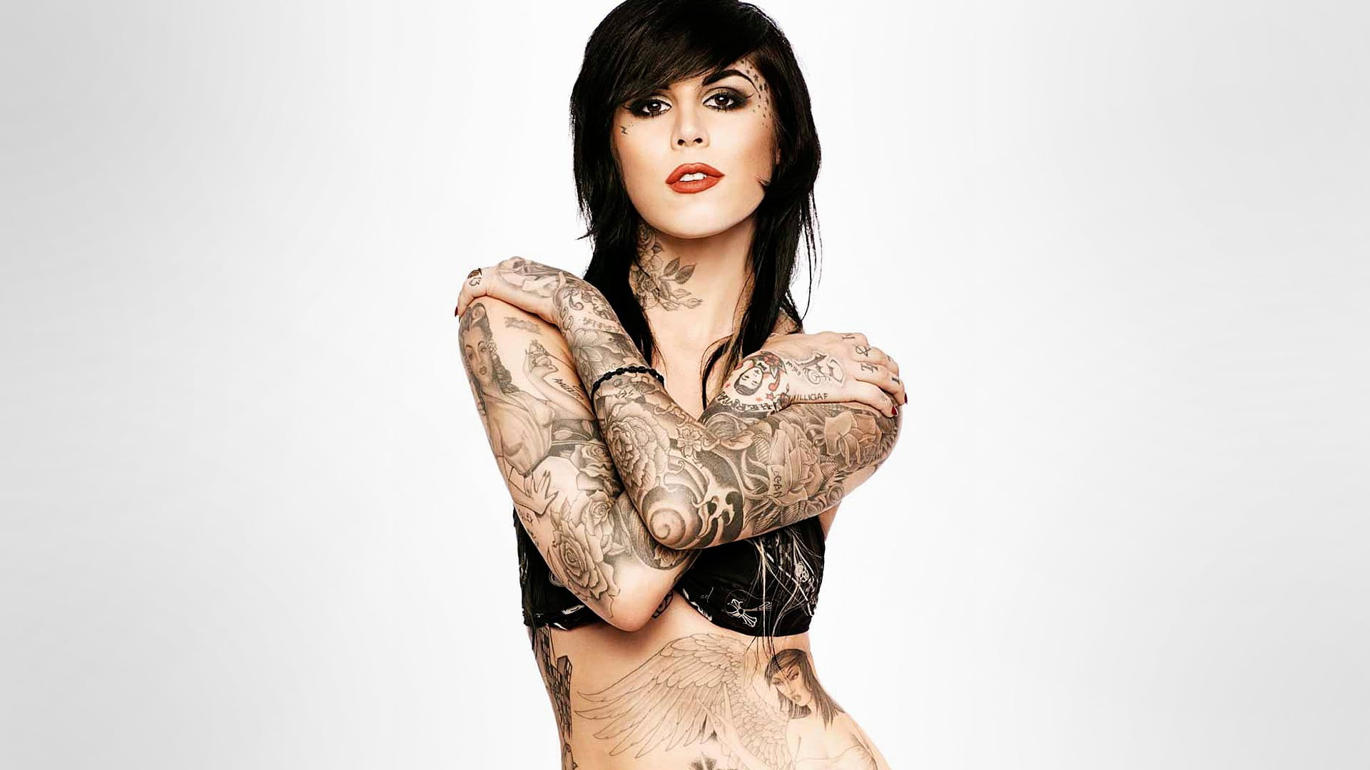young adult, brunette, copy space, d, looking at camera, kat, adult, women, simple background, 1080P, one person, waist up, Kat Von D, white background, HD Wallpaper
