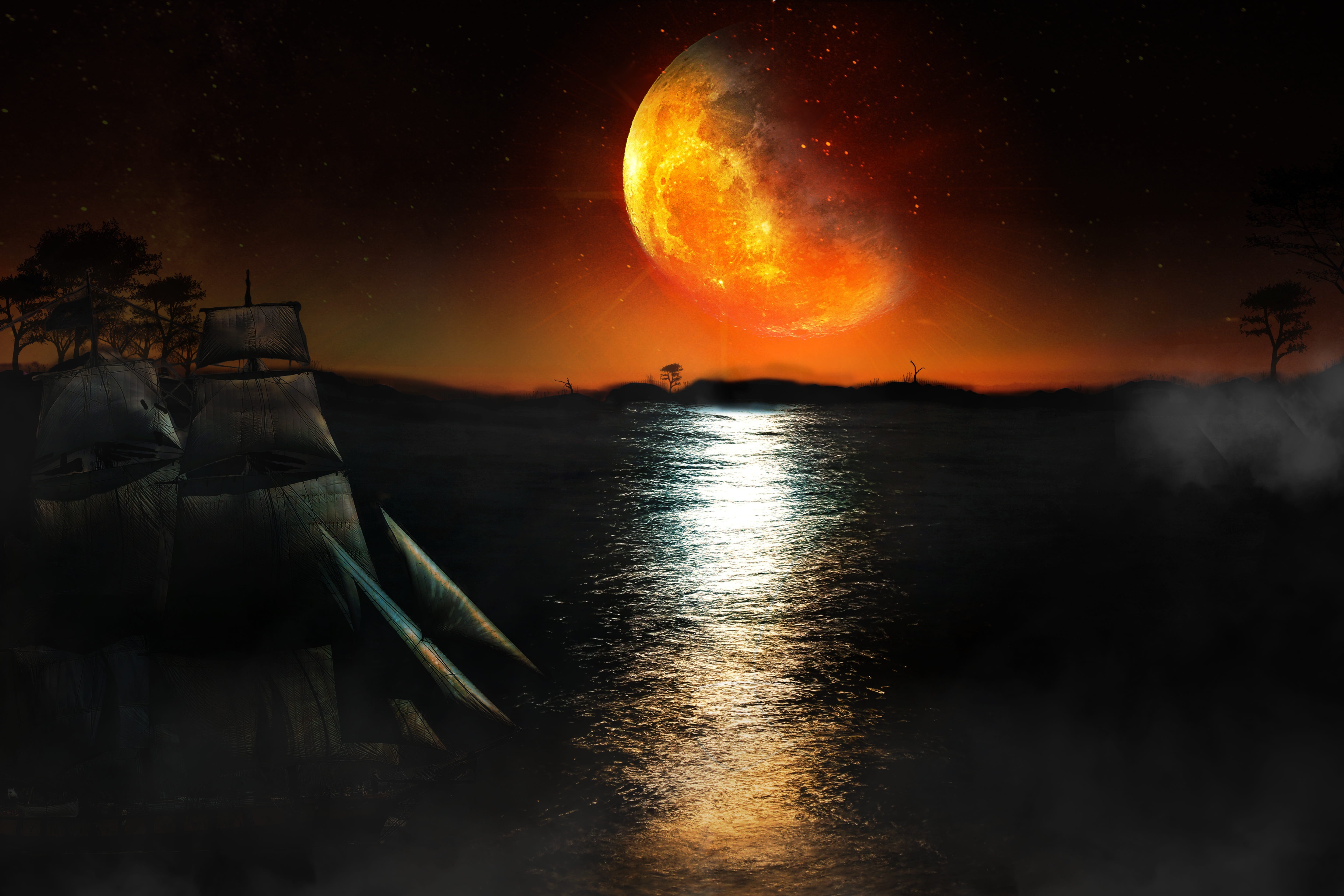 astronomy, sailing-boat, tranquil scene, water, no people, fog, creepy, sky, nature, sunset, blood, ship, bloody, moonlight, outdoors, moon, transportation, HD Wallpaper