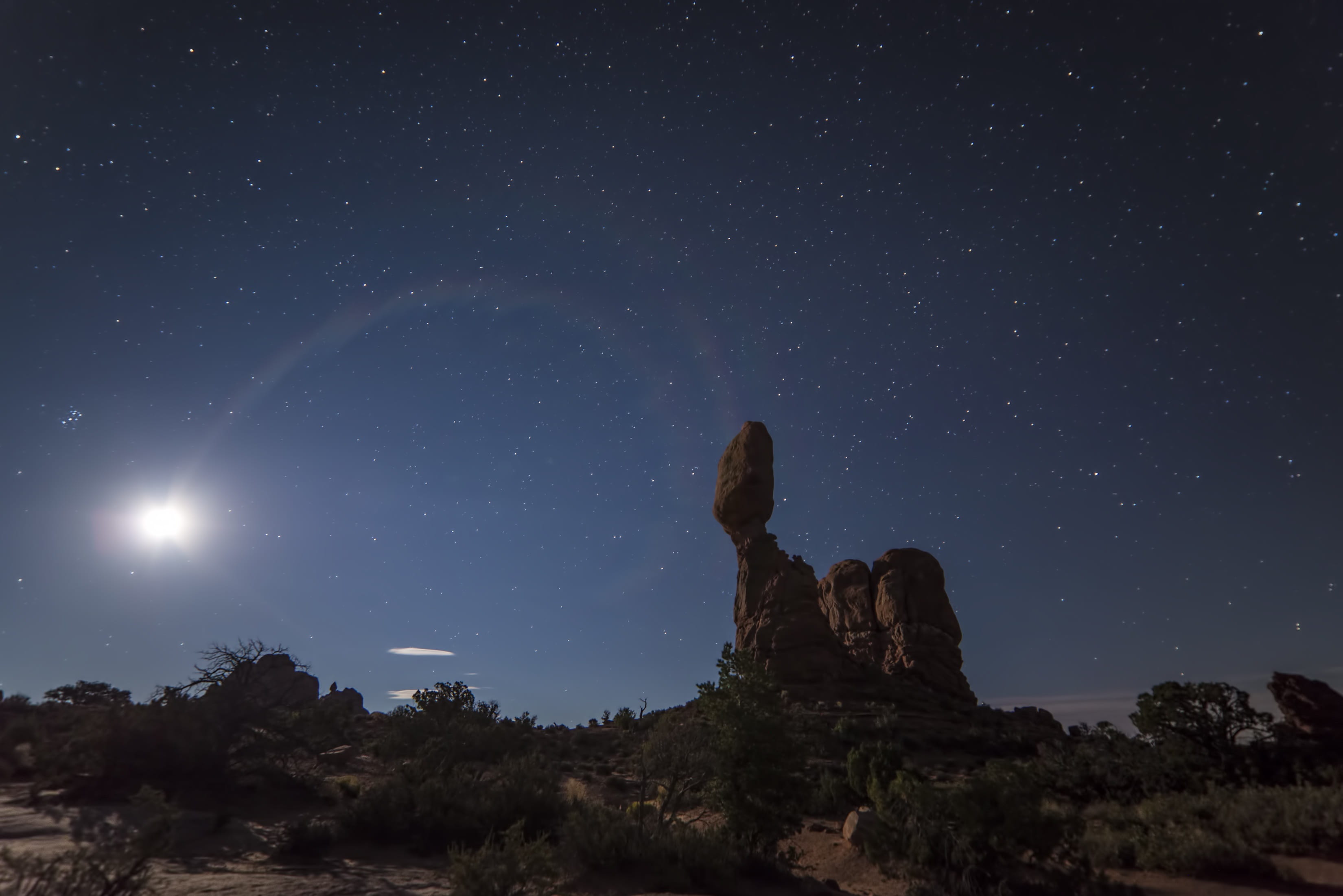 stars, scenics - nature, sandstone, low angle view, dry, desert landscape, galaxy, tranquility, balance, moon, landscape, star, stone, full moon, geology, HD Wallpaper