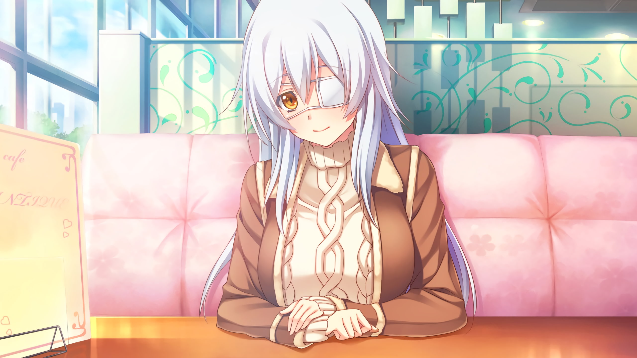 anime girls, Innocent Bullet, Miyasu Sanae, Game CG, white hair, anime, orange eyes, 2K, long hair, HD Wallpaper