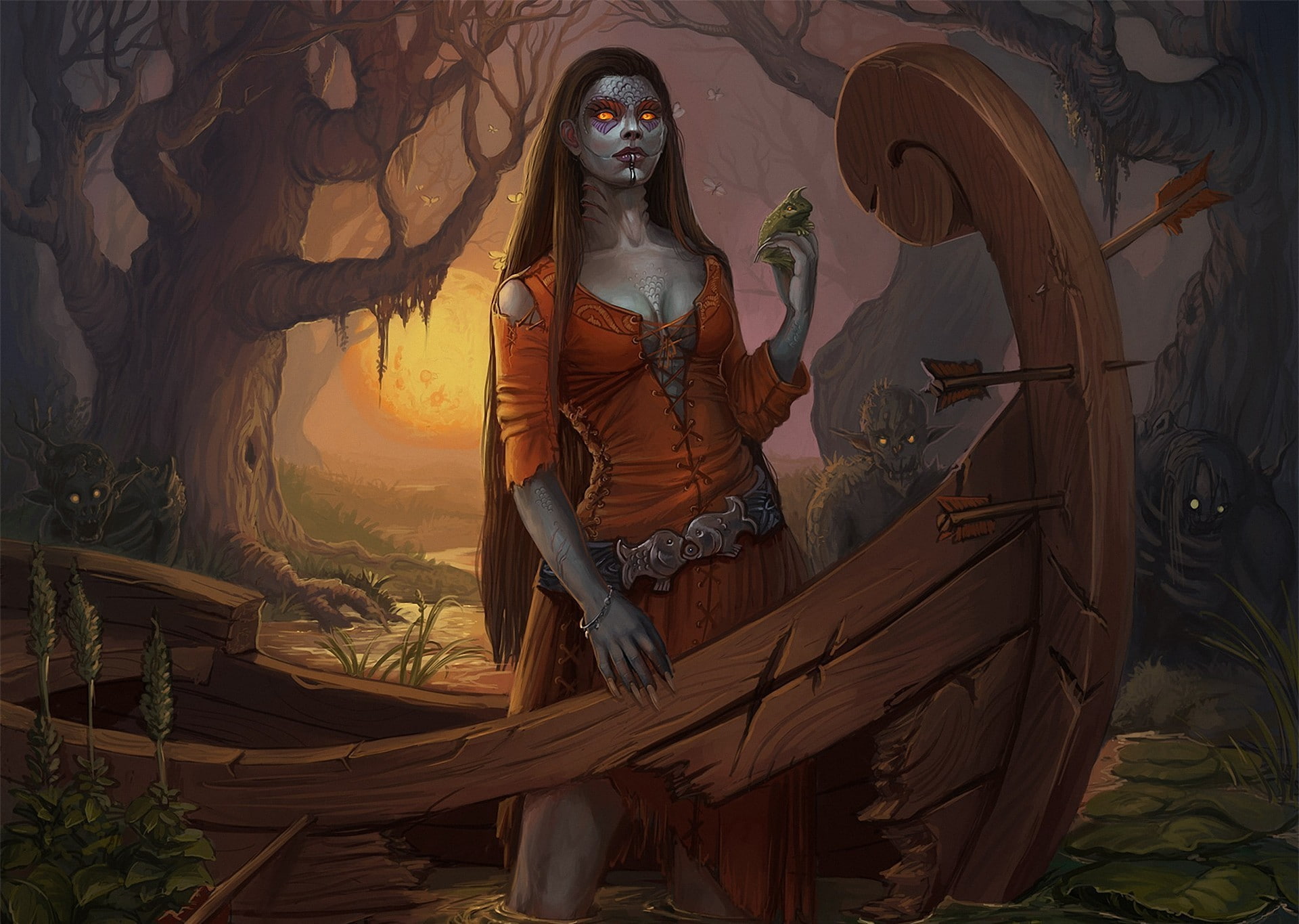 boats, dark, girls, beings, creature, creatures, 1080P, demon, fantasy, supernatural, HD Wallpaper