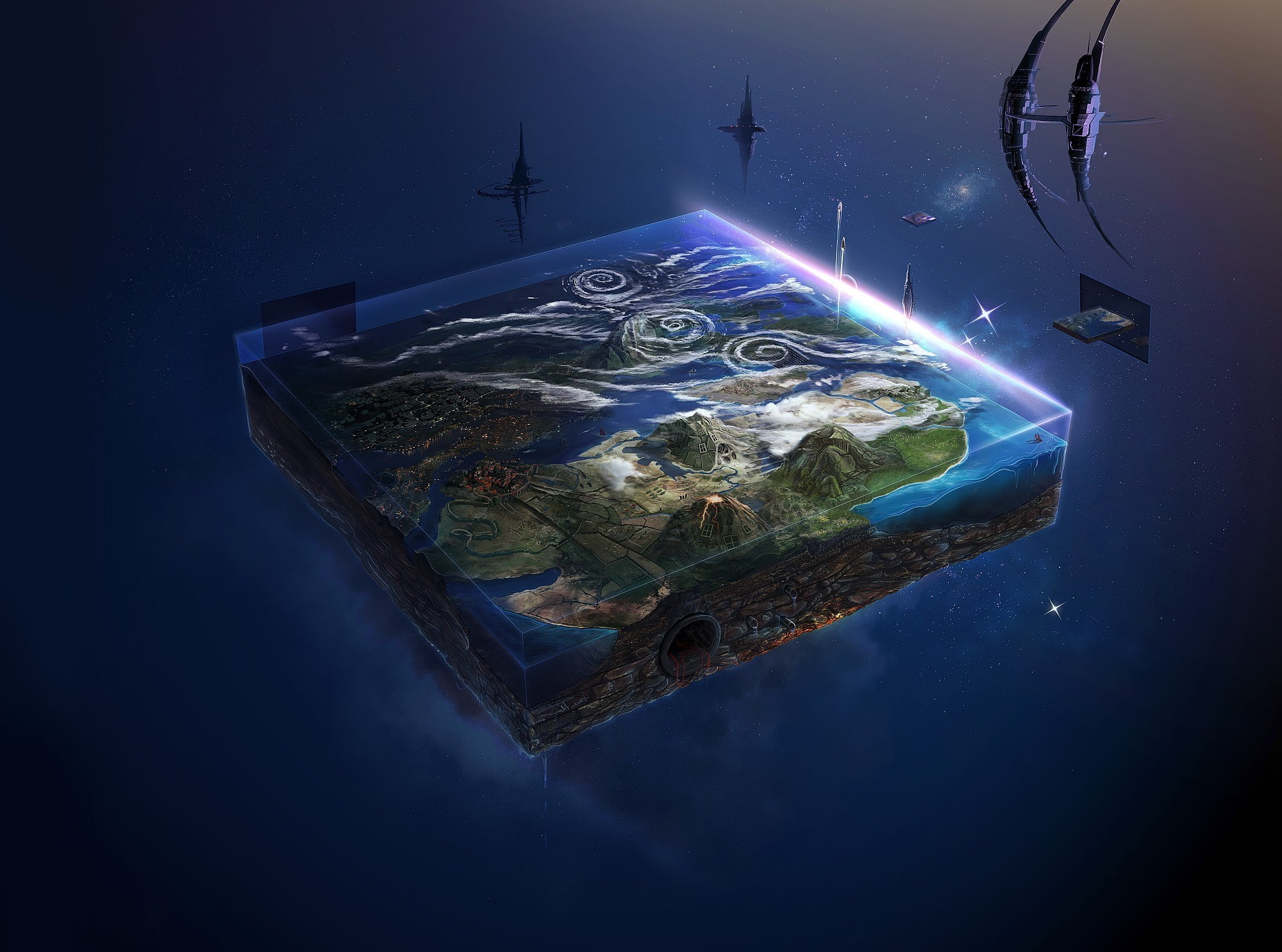 sea, sky, digital composite, no people, ruined, ship, outdoors, transportation, digital art cg render space planet spaceship, environment, 1080P, social issues, HD Wallpaper