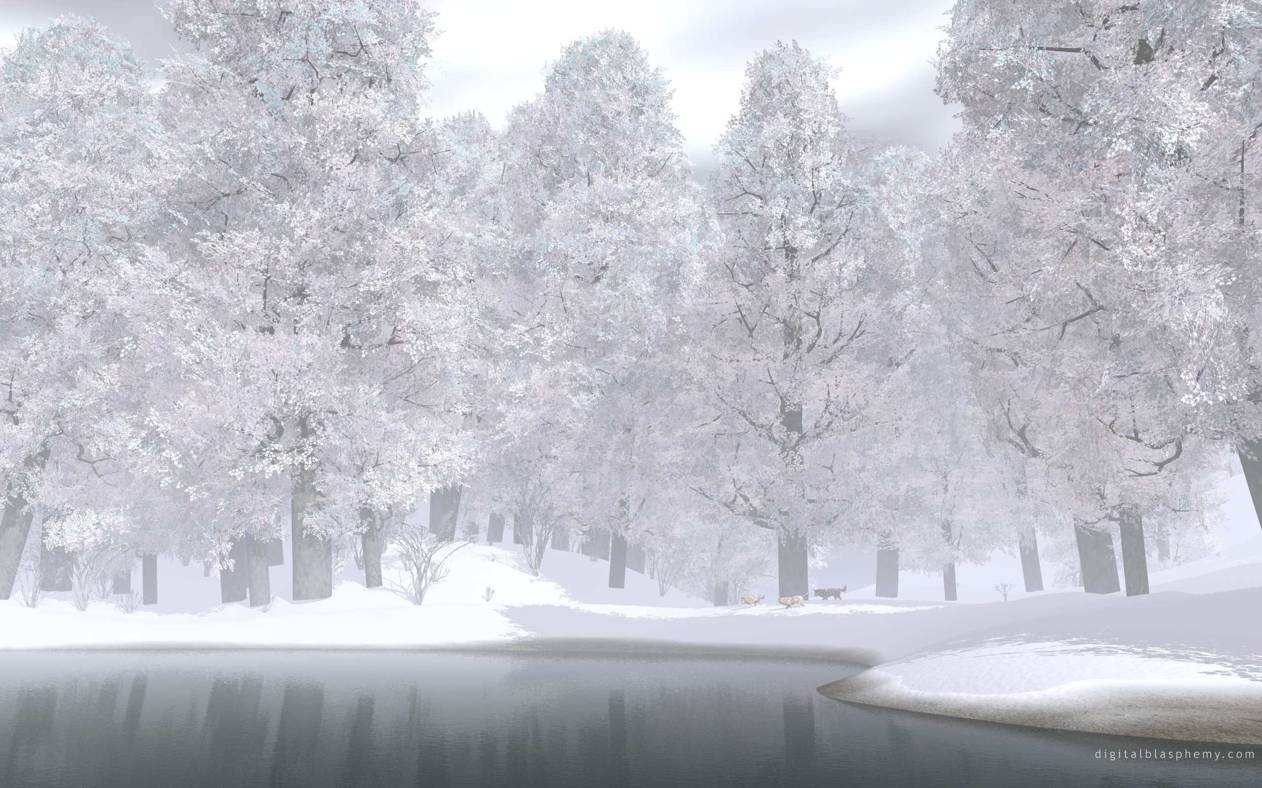 d, renders, 2K, wolves, cg, art, x, cgi, water, nature, trees, hd, snow, abstract, HD Wallpaper