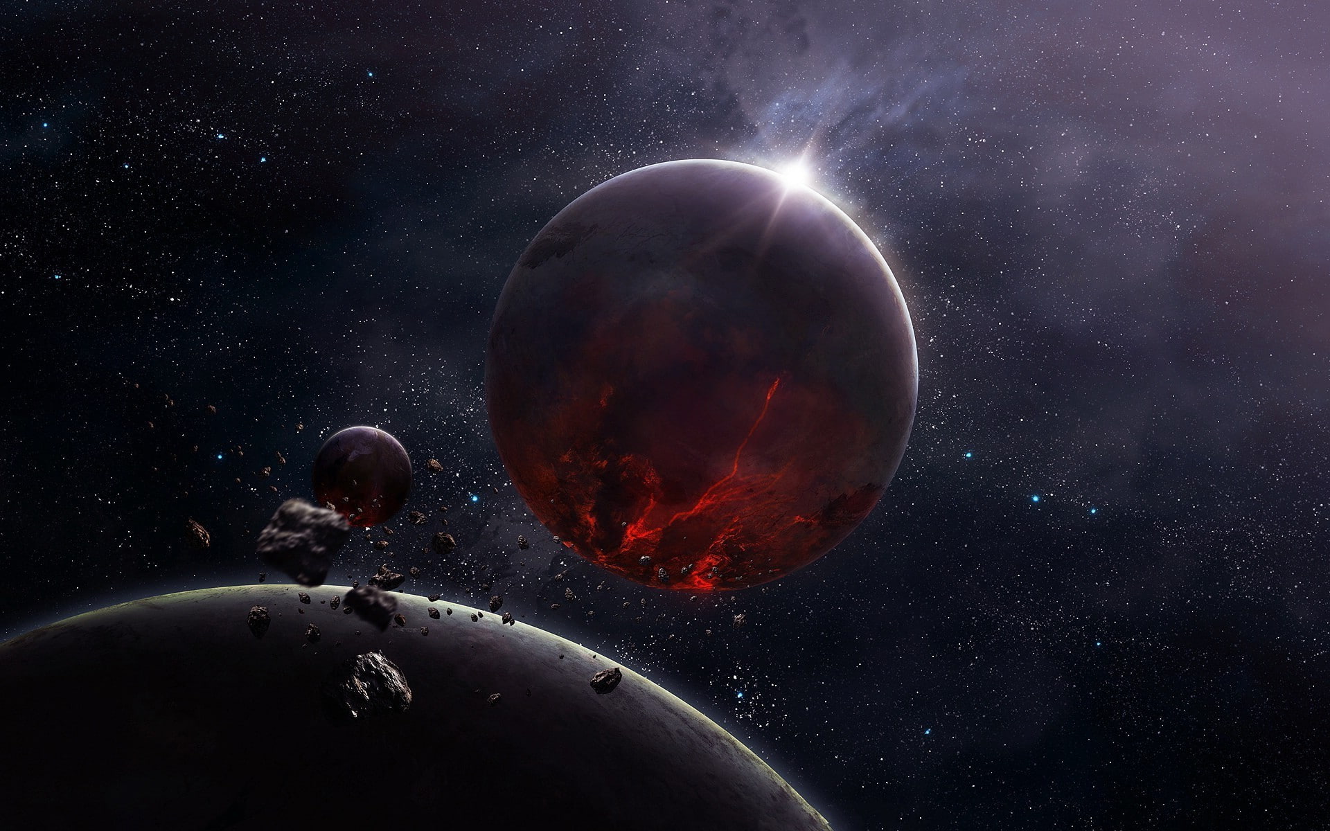 outdoors, 1080P, astronomy, light - natural phenomenon, eclipse, space, no people, cg render space planet moon stars asteroid, night, scenics - nature, HD Wallpaper