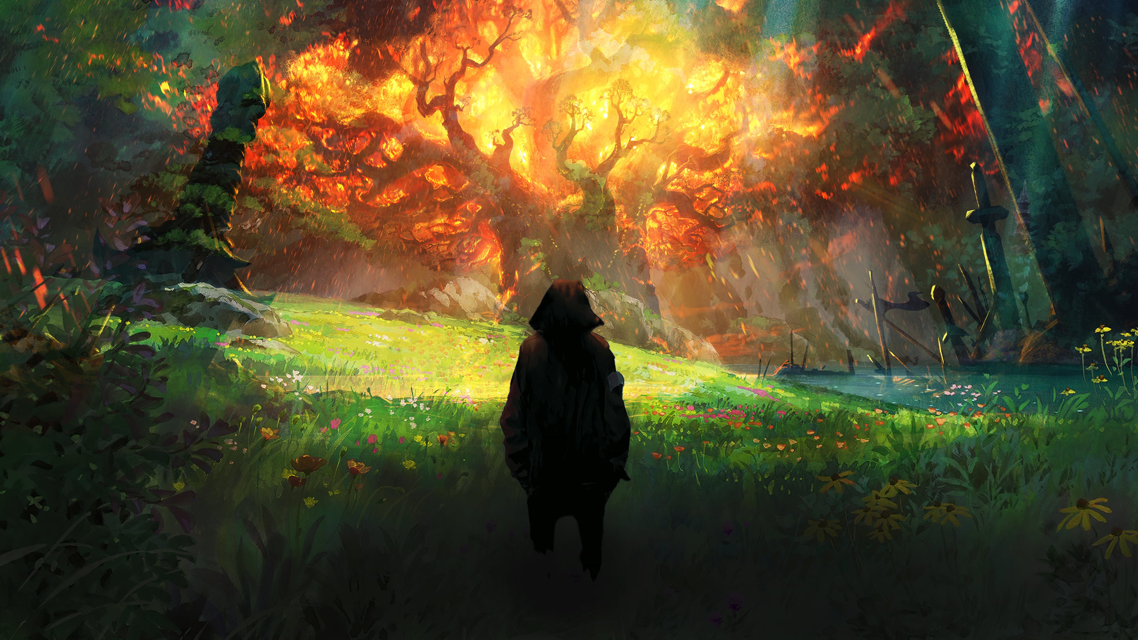 digital art, nature, landscape, digital, WOW 3, explosion, fire, 4K, fantasy art, HD Wallpaper