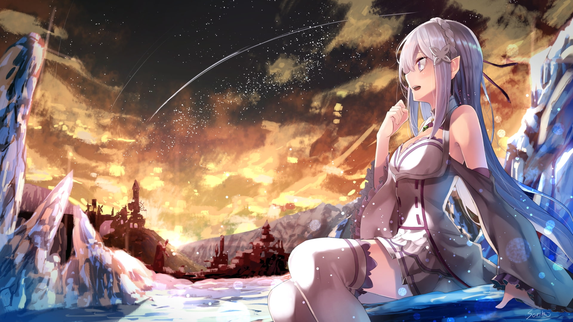 looking, stars, human representation, lifestyles, indoors, real people, arts culture and entertainment, water, scenic, re: zero, transparent, digital composite, HD Wallpaper