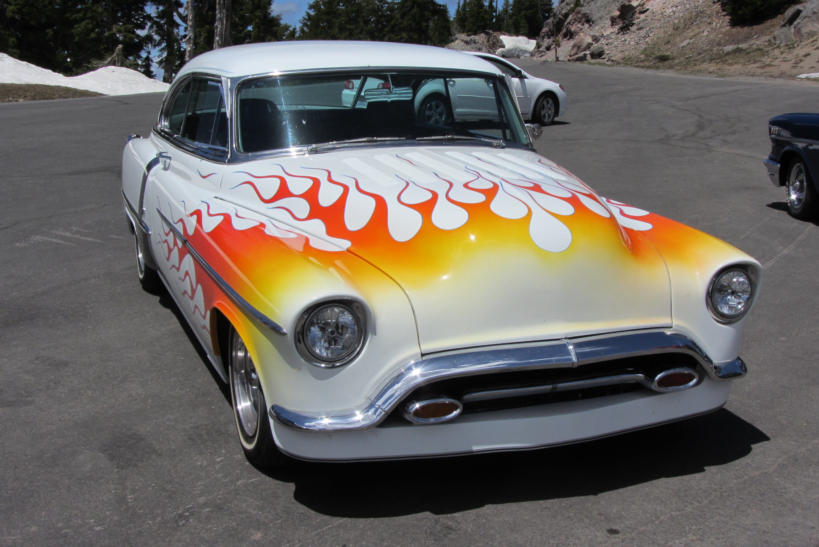 day, car paint, auto show, retro styled, no people, 2K, motor vehicle, fire, vintage, hot rod, white color, sports car, vintage car, classic car, car, HD Wallpaper