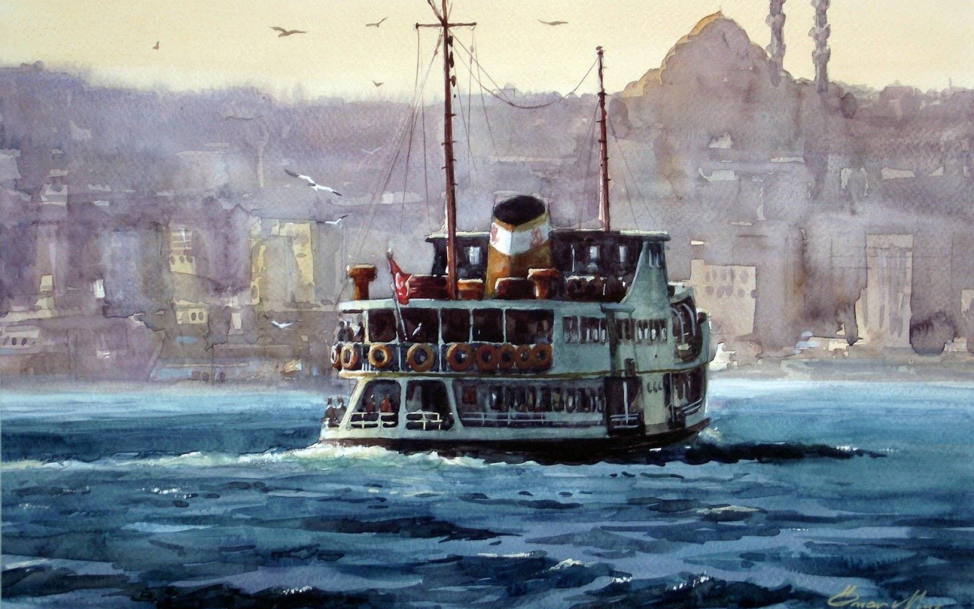cityscapes, turkish, cities, 1080P, steamship, istanbul, artwork, turkey, paintwork, HD Wallpaper