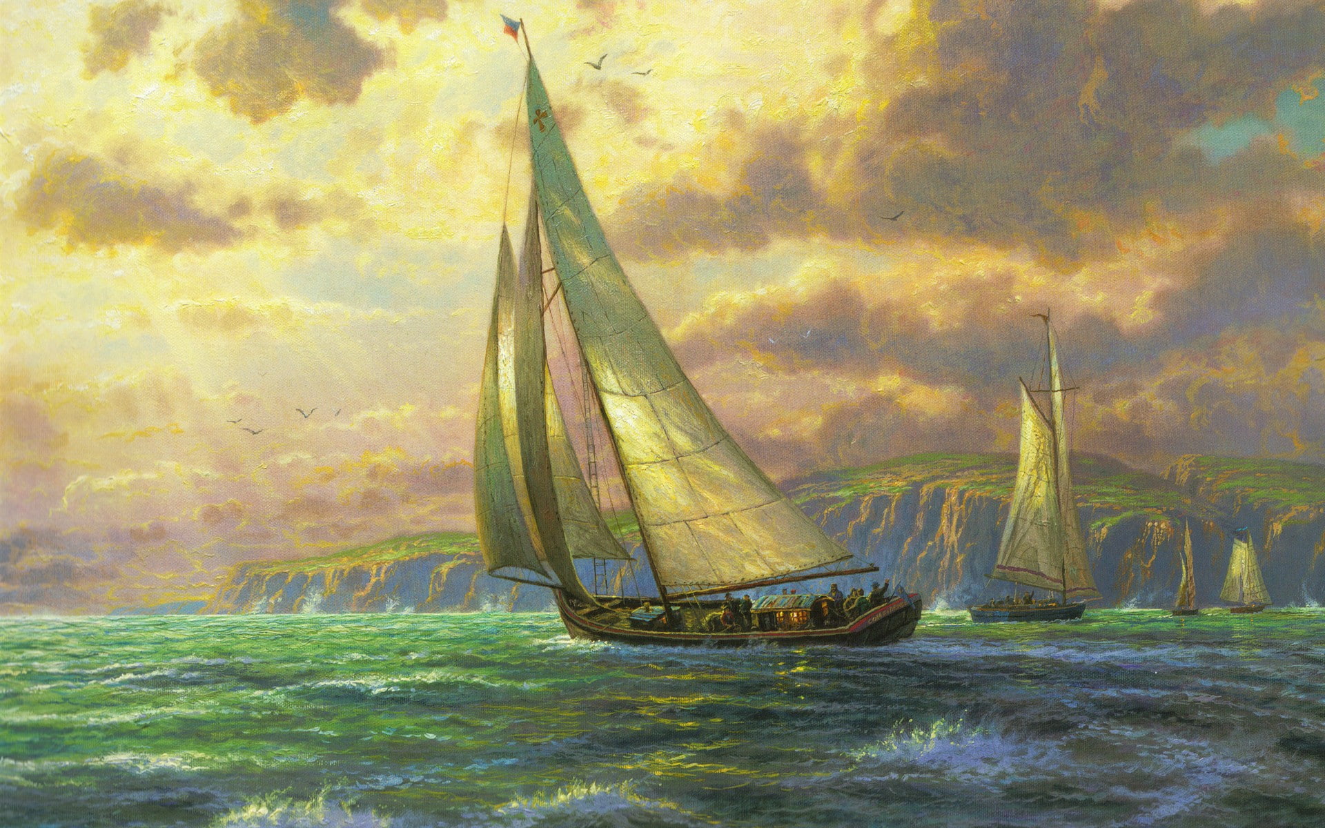 sea, 1080P, ship, ocean, paintwork, artwork, sailing, ships, sail, HD Wallpaper