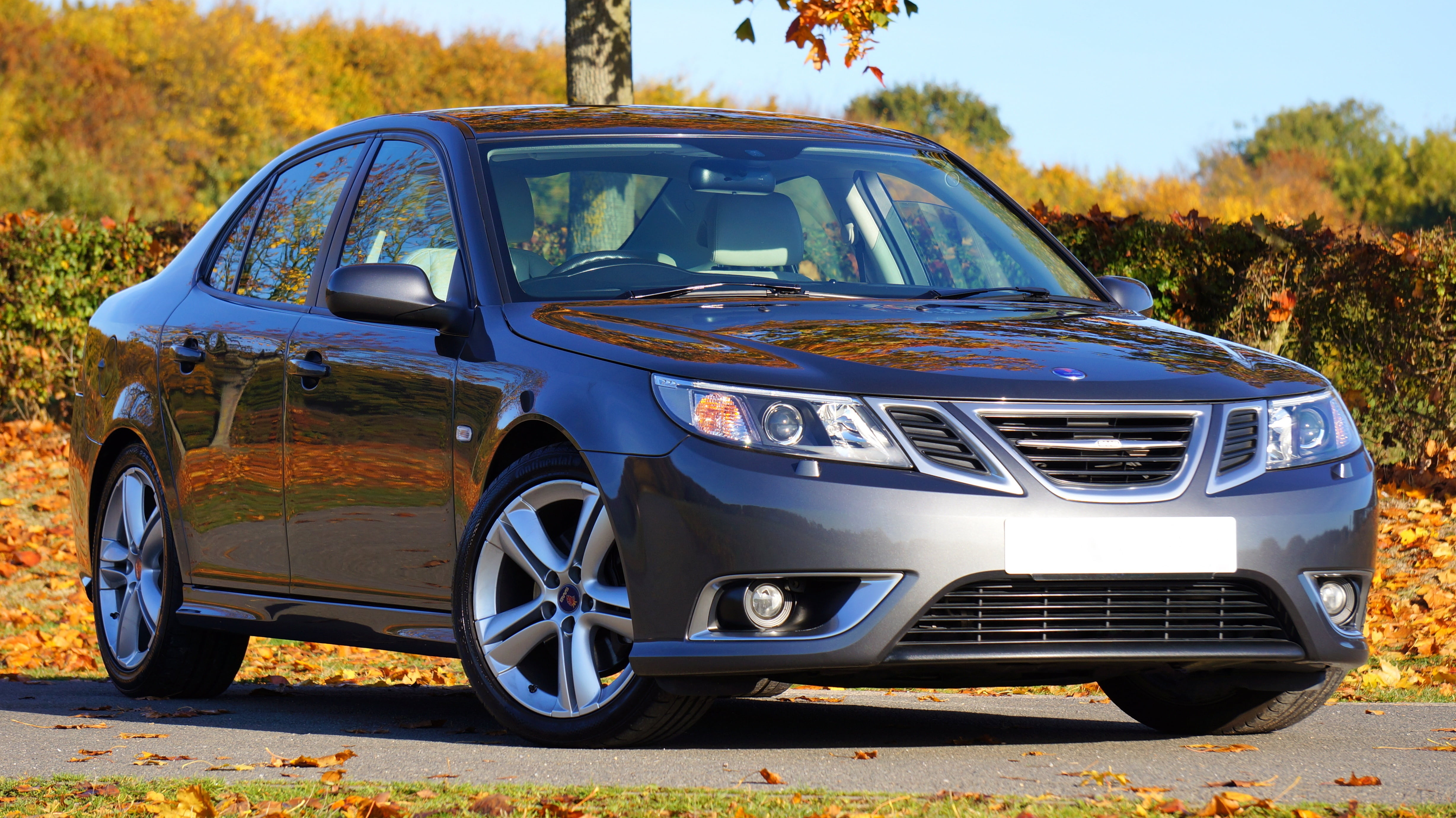 saab, motor vehicle, tree, silver colored, luxury, field, no people, hood, vehicle, aerodynamic, car, clean, design, blue, road, automobile, vintage car, HD Wallpaper