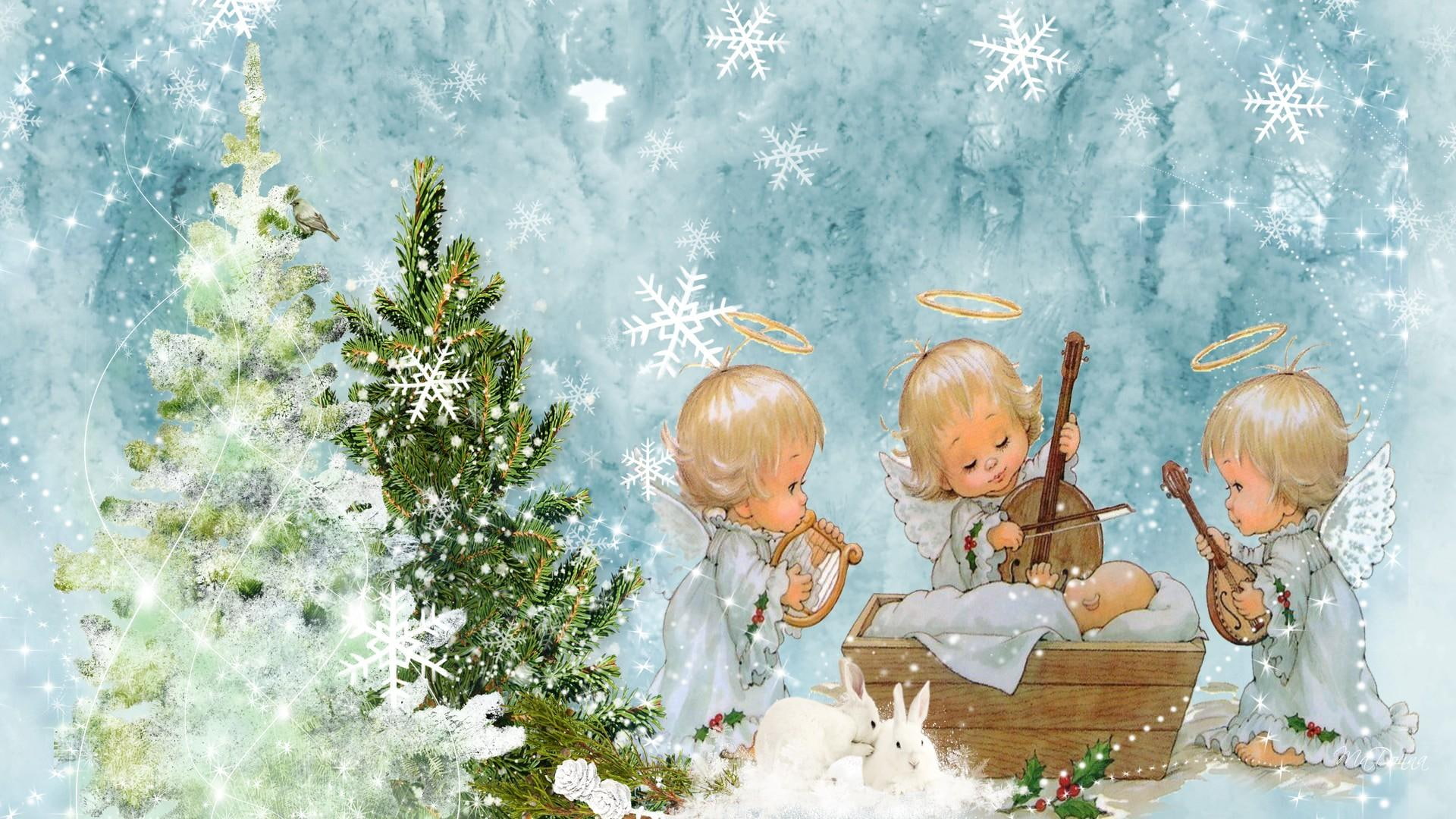 rabbits, music, holly, snow, 1080P, musical, song, christmas, snowflakes, harp, baby, angels, cradle, sweet, trees, jesus, HD Wallpaper