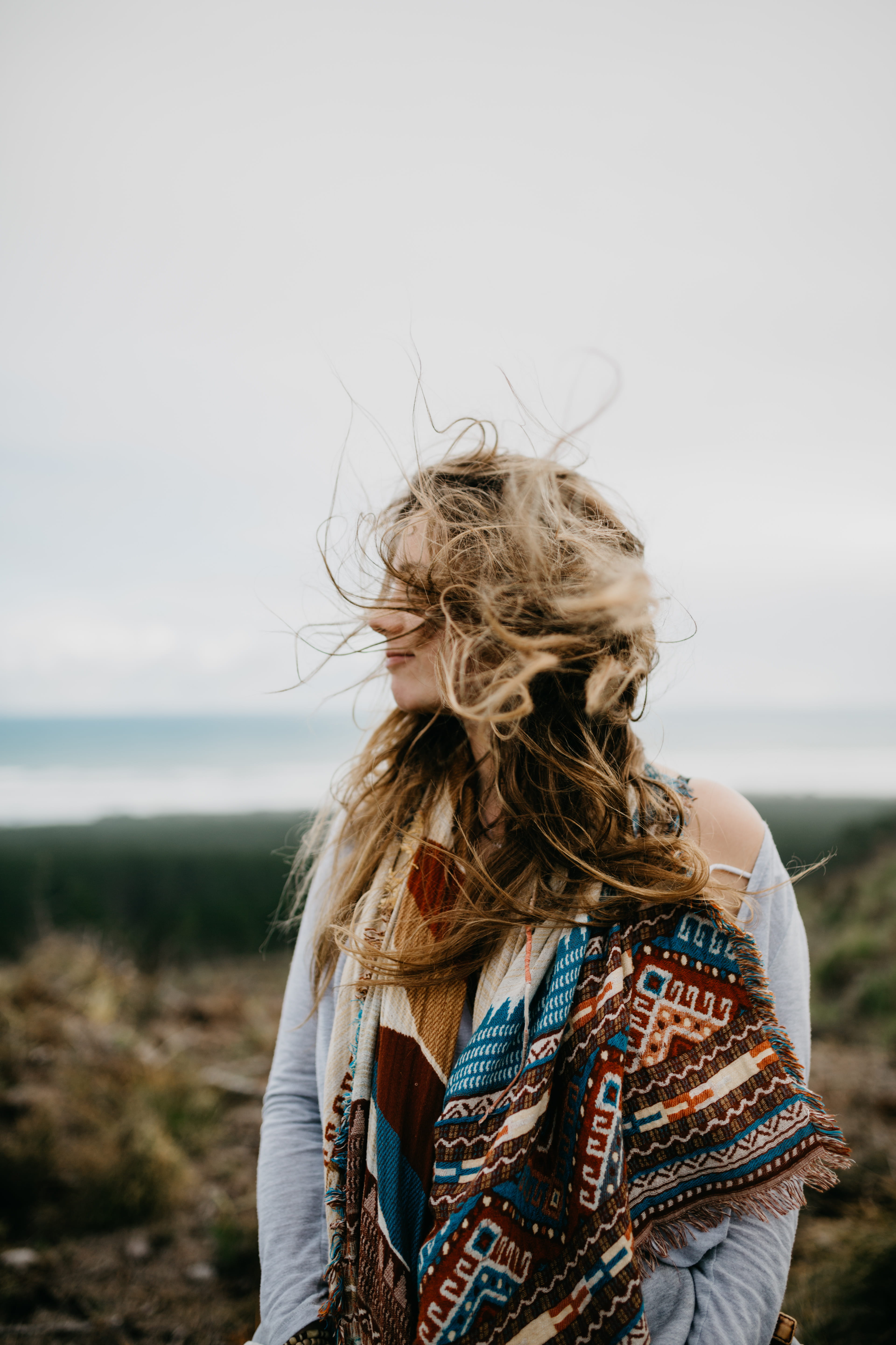 brown, leisure activity, one person, portrait, casual clothing, 5K, looking at view, hair, focus on foreground, near, beach, scarf, wearing, rear view, Phone HD Wallpaper