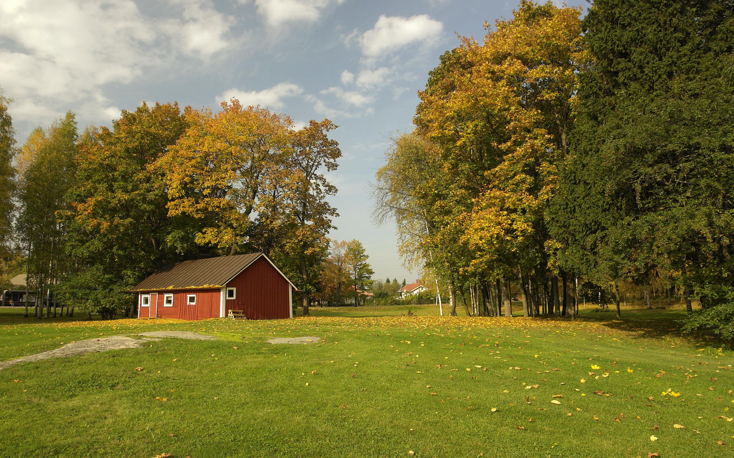 barn, autumn, nature and landscapes, trees, red, field, autum, 2K, HD Wallpaper