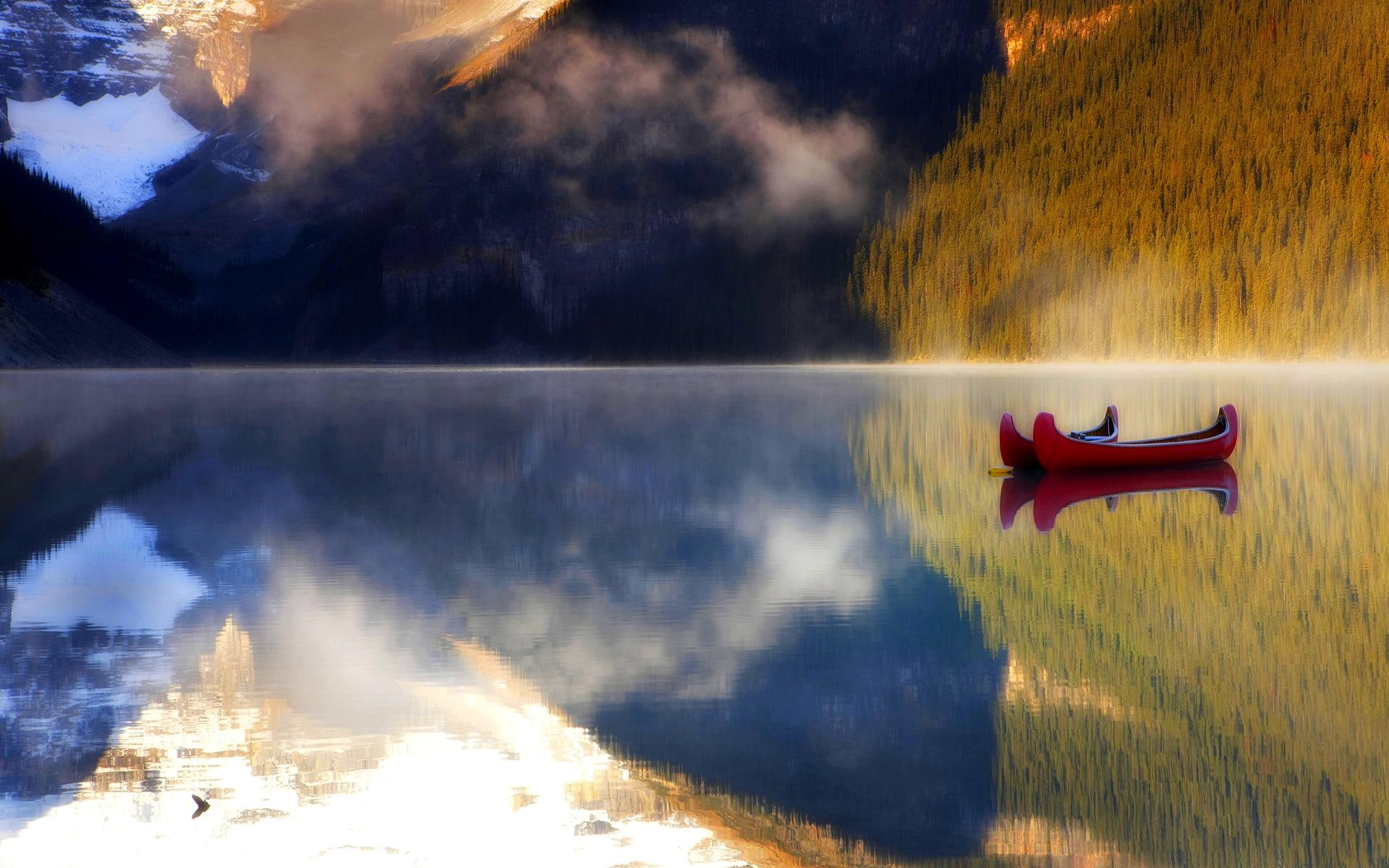 reflection, calm, forest, 1080P, mountain, foggy, autum, canoes, 3d and abstract, lake, HD Wallpaper