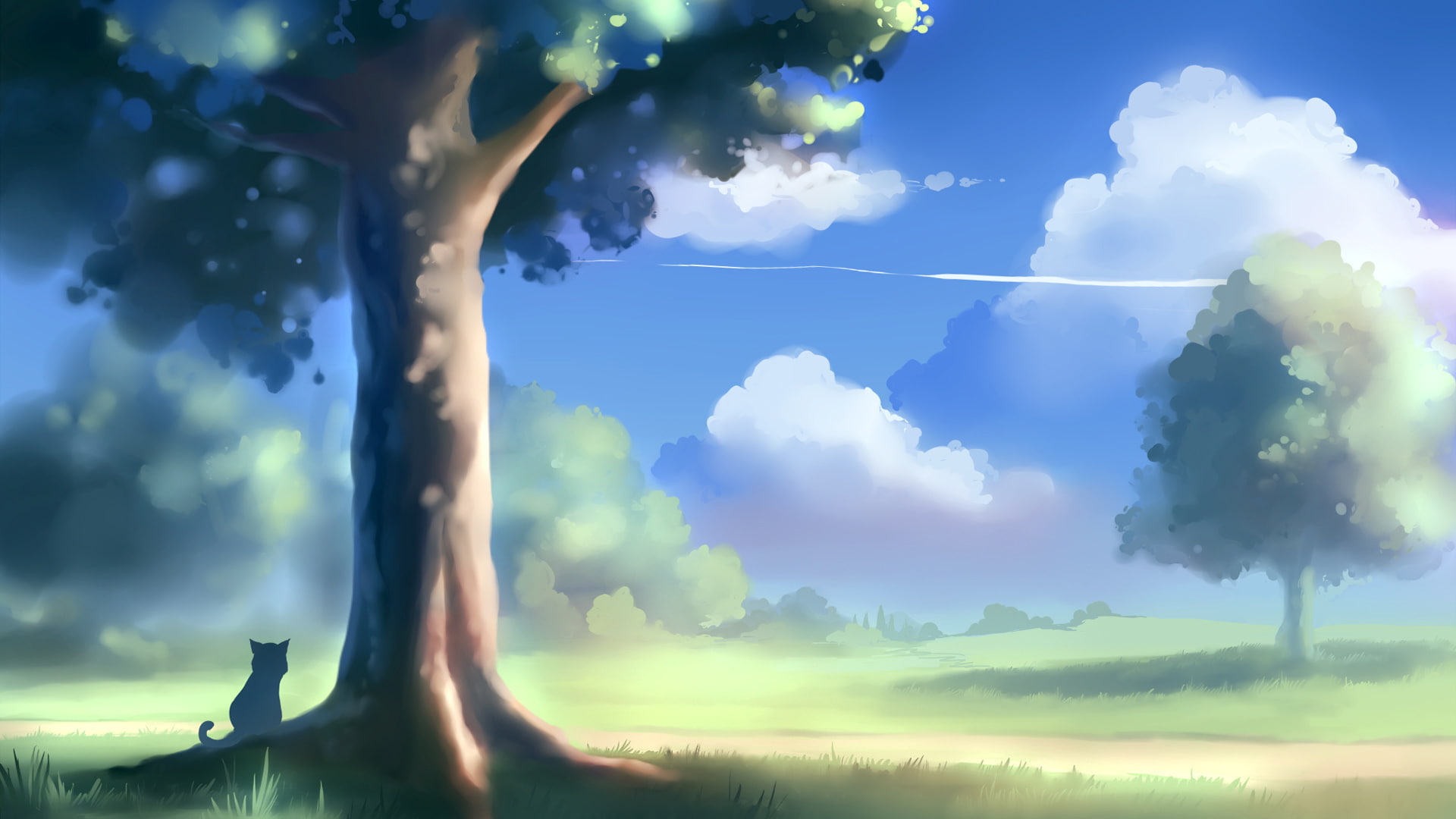 apofiss, cat, landscape, 1080P, tree, art, HD Wallpaper