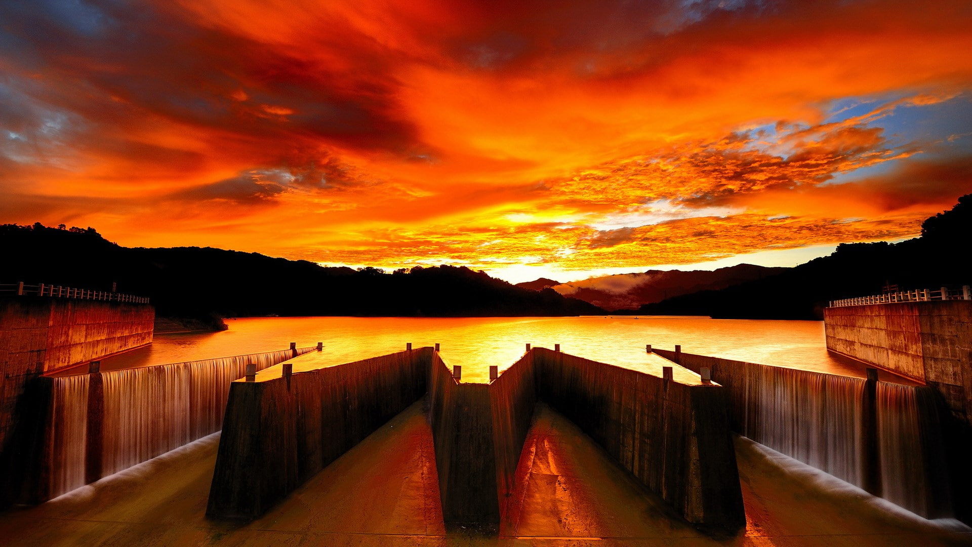 dam, water, 1080P, download  nature pack 1920x1080, hydroelectric power, scenics - nature, cloud - sky, architecture, wood - material, orange color, lake, HD Wallpaper