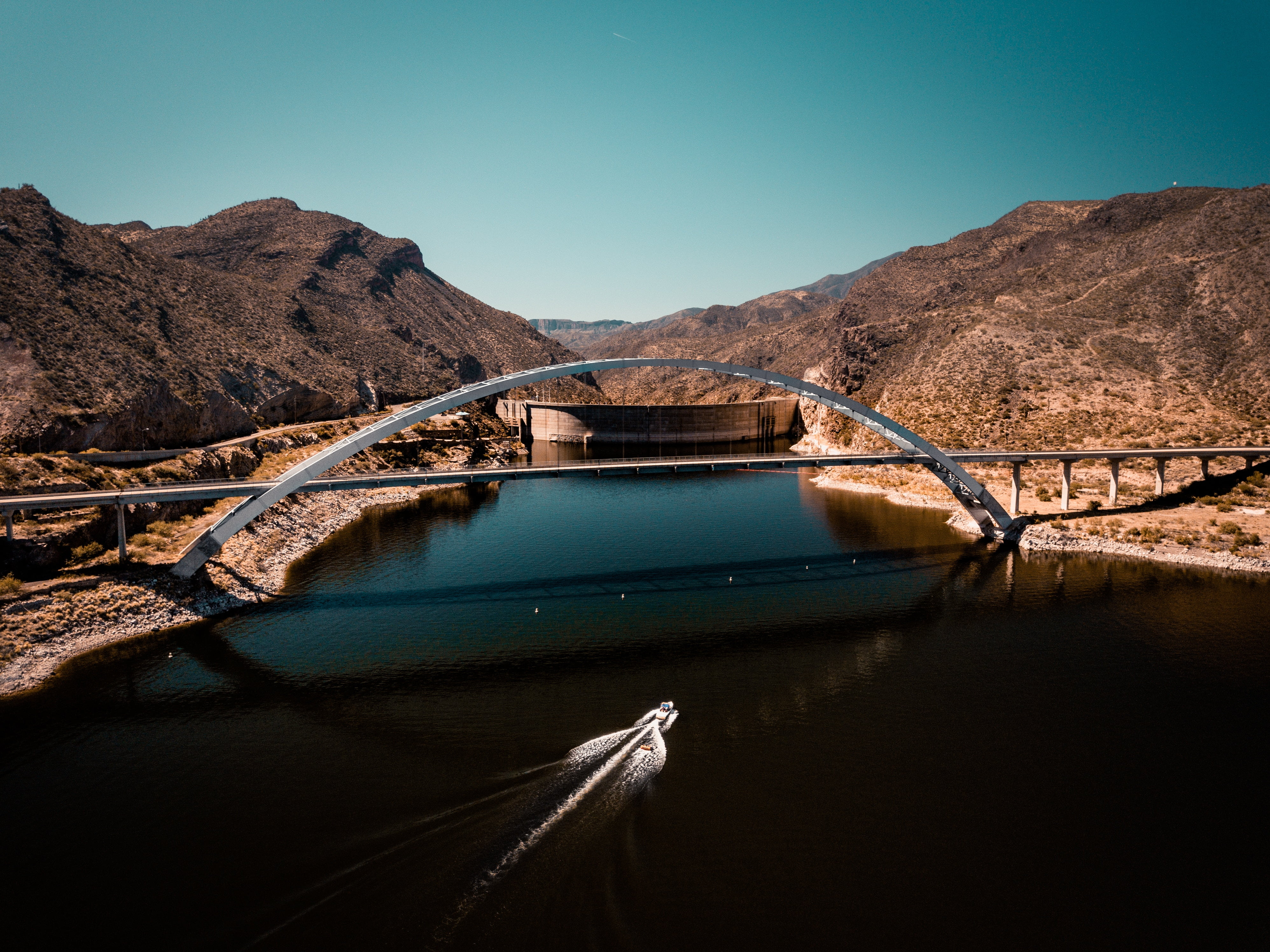 scenics, travel destinations, architecture, hydroelectric Power Station, tops, bridge, mountain, gray, landmark, lake, blue, travel, nature, bridge - Man Made Structure, HD Wallpaper
