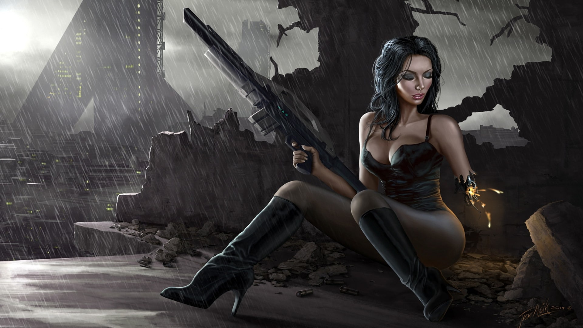 Women Warrior, Cyborg, Rifle, 1080P, Girls and Guns, Sci Fi, HD Wallpaper