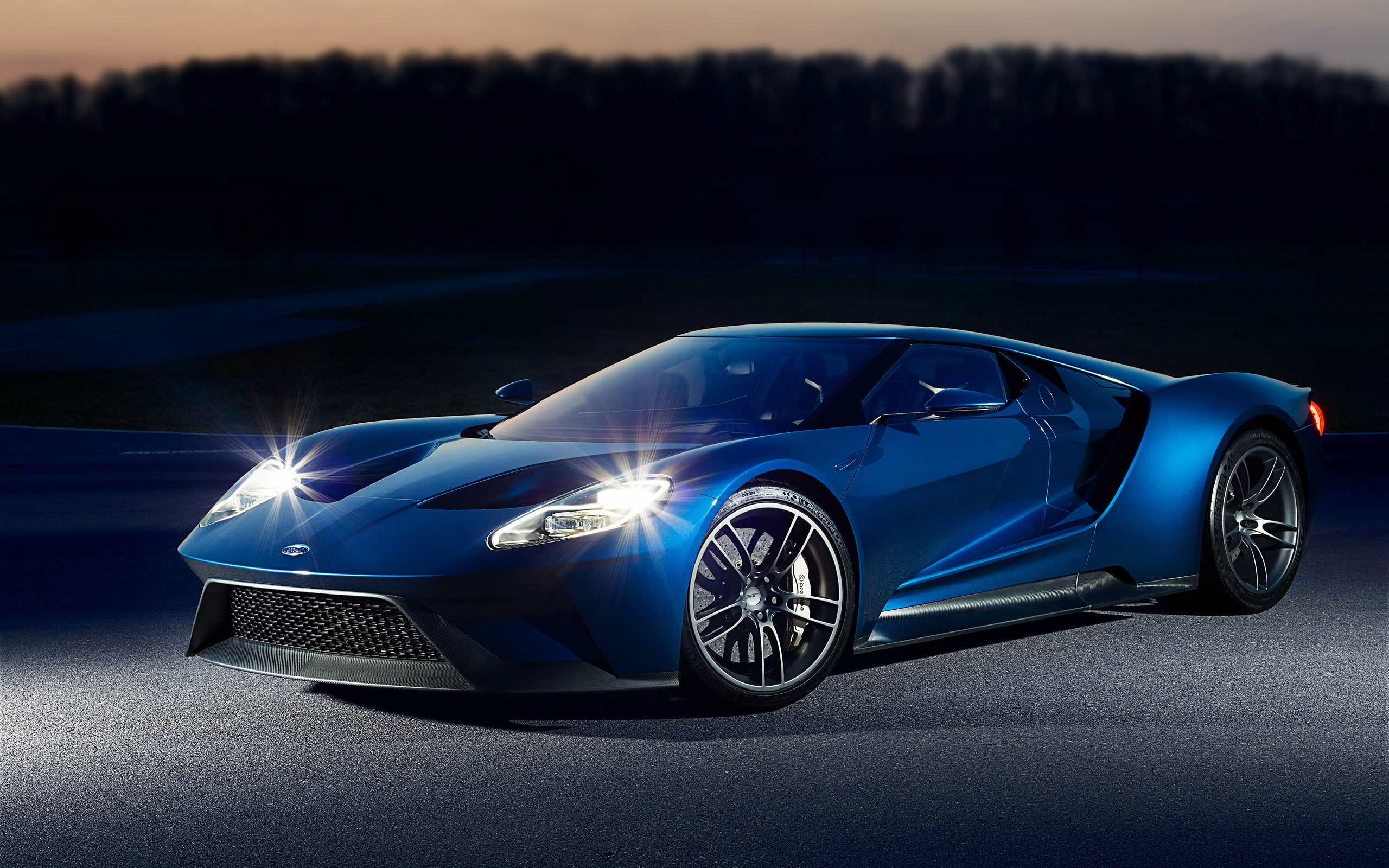 Ford GT, land vehicle, no people, blue, road, illuminated, transportation, silver colored, wheel, chrome, tire, wealth, shiny, modern, night, speed, headlight, HD Wallpaper