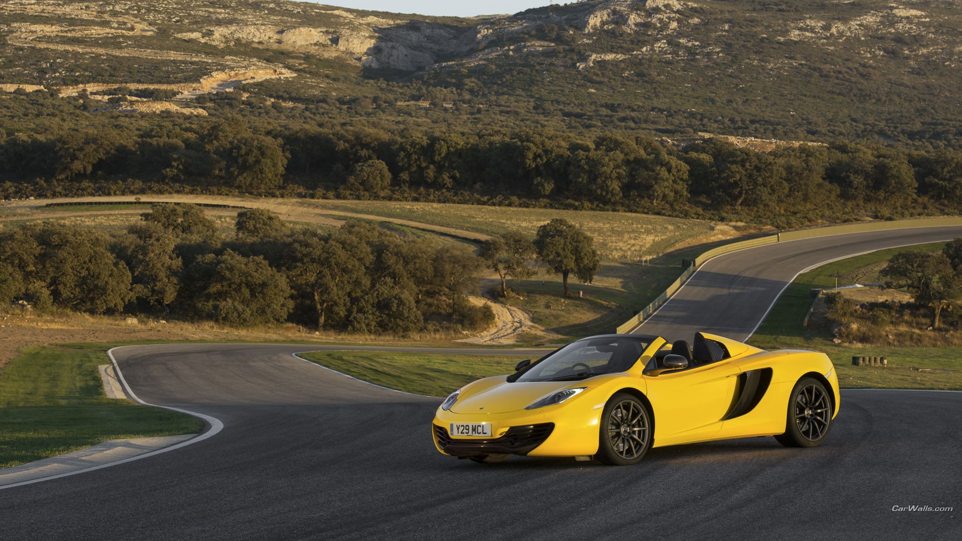 day, green color, sign, yellow, sports race, nature, tree, McLaren MP4-12C, mid-engine, vehicle, outdoors, transportation, race tracks, motor vehicle, plant, HD Wallpaper