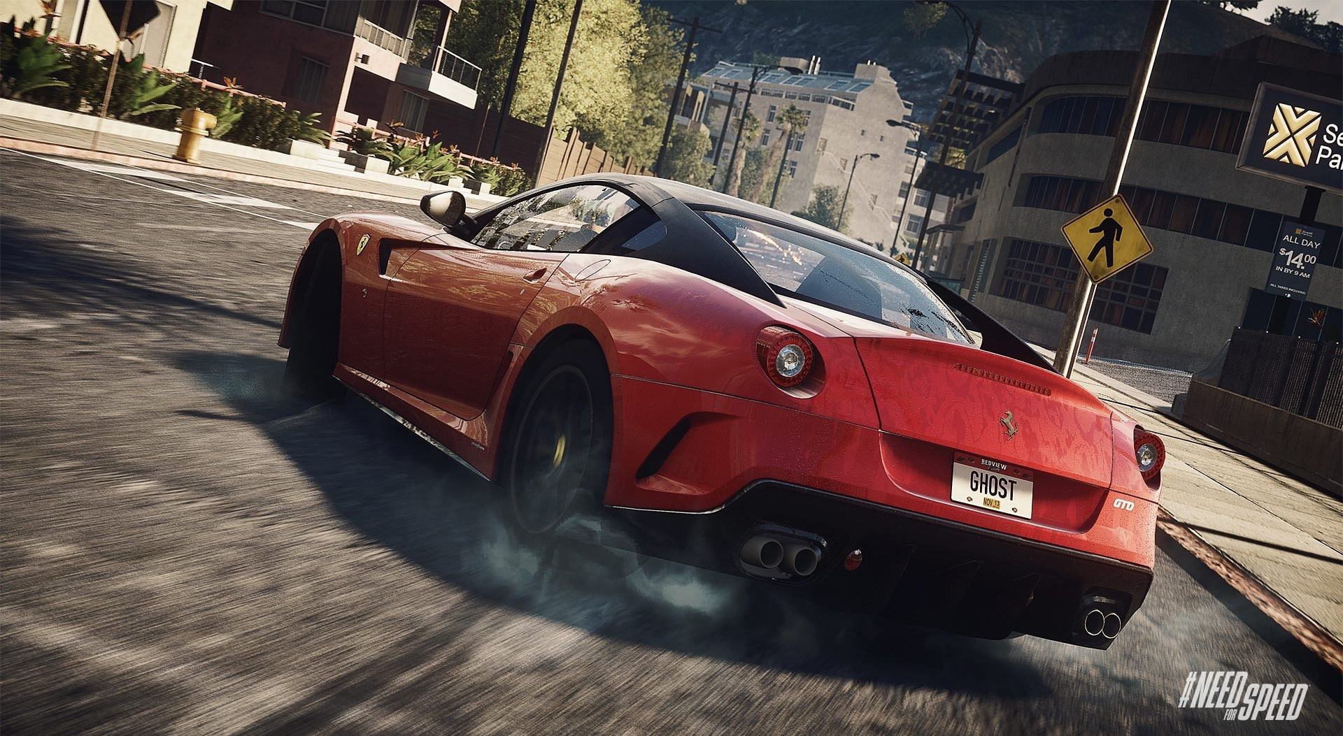 red, road, built structure, land vehicle, city, 1080P, outdoors, Need For Speed, no people, vintage car, retro styled, day, Games, transportation, architecture, HD Wallpaper