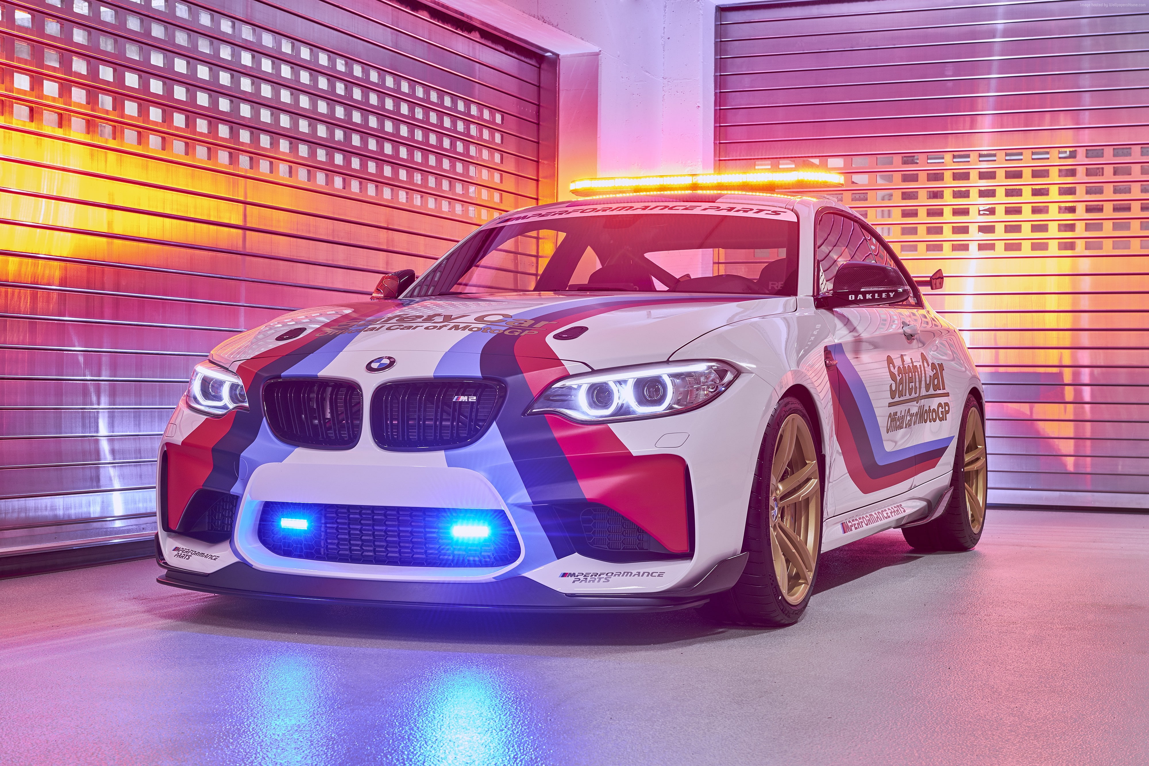 illuminated, BMW M2 Coupé MotoGP, built structure, 4K, shiny, technology, taxi, building exterior, lens flare, motor vehicle, lighting equipment, Safety Car, HD Wallpaper