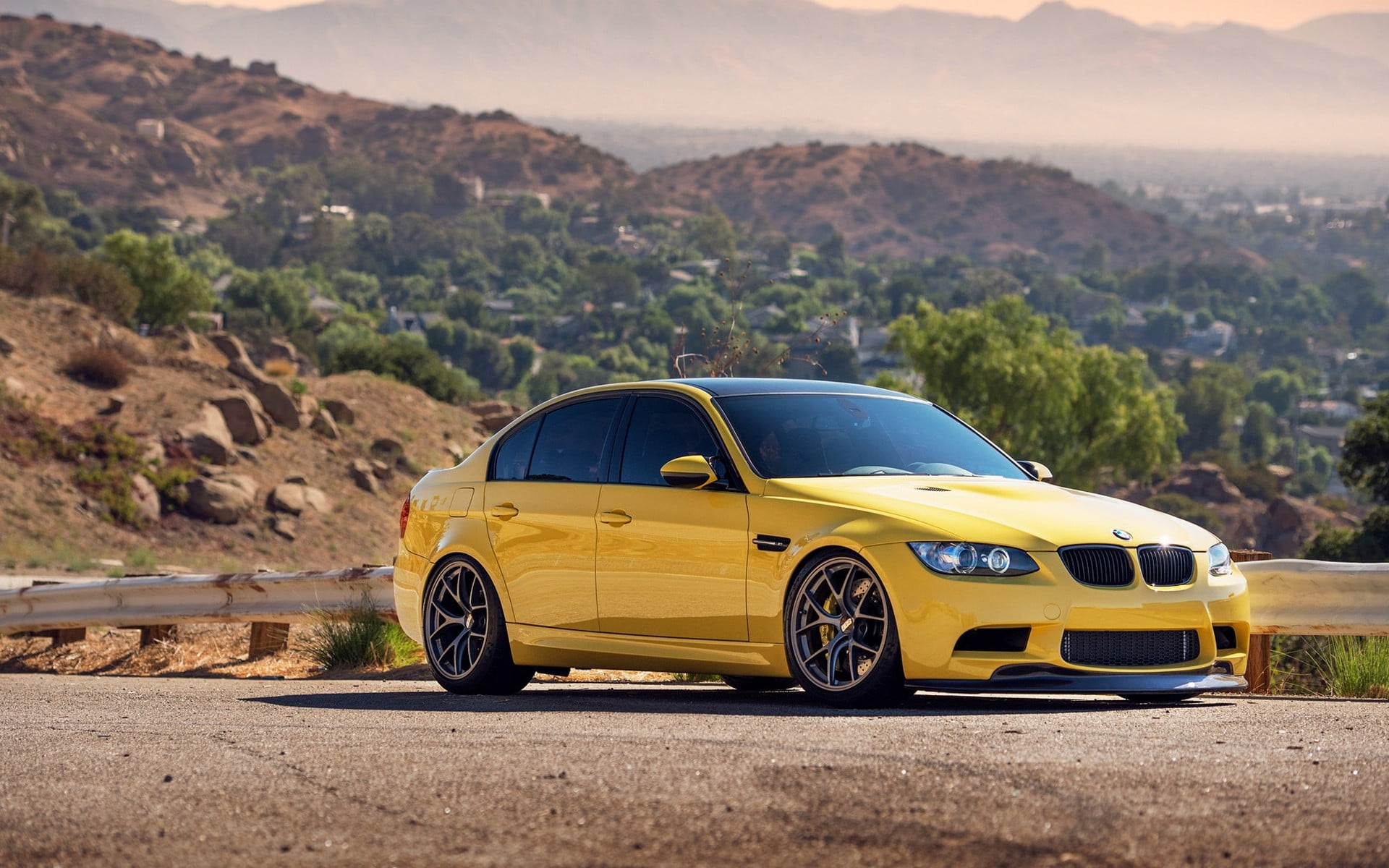 sunlight, luxury, mountain, road, yellow cars, focus on foreground, yellow, 1080P, untitled, landscape, nature, BMW, rock, road trip, BMW 3 Series, car, HD Wallpaper