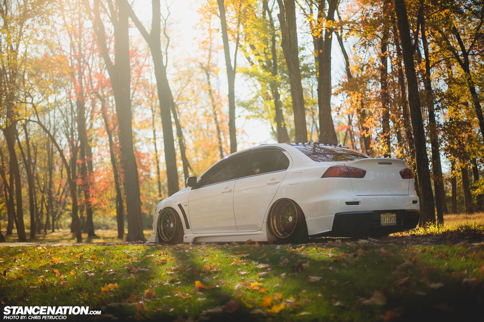 motor vehicle, tree, forest, mitsubishi, outdoors, White Cars, Work Emotion XD 9, woodland, day, luxury, land, DAT3VO, nature, change, Mitsubishi Lancer, HD Wallpaper