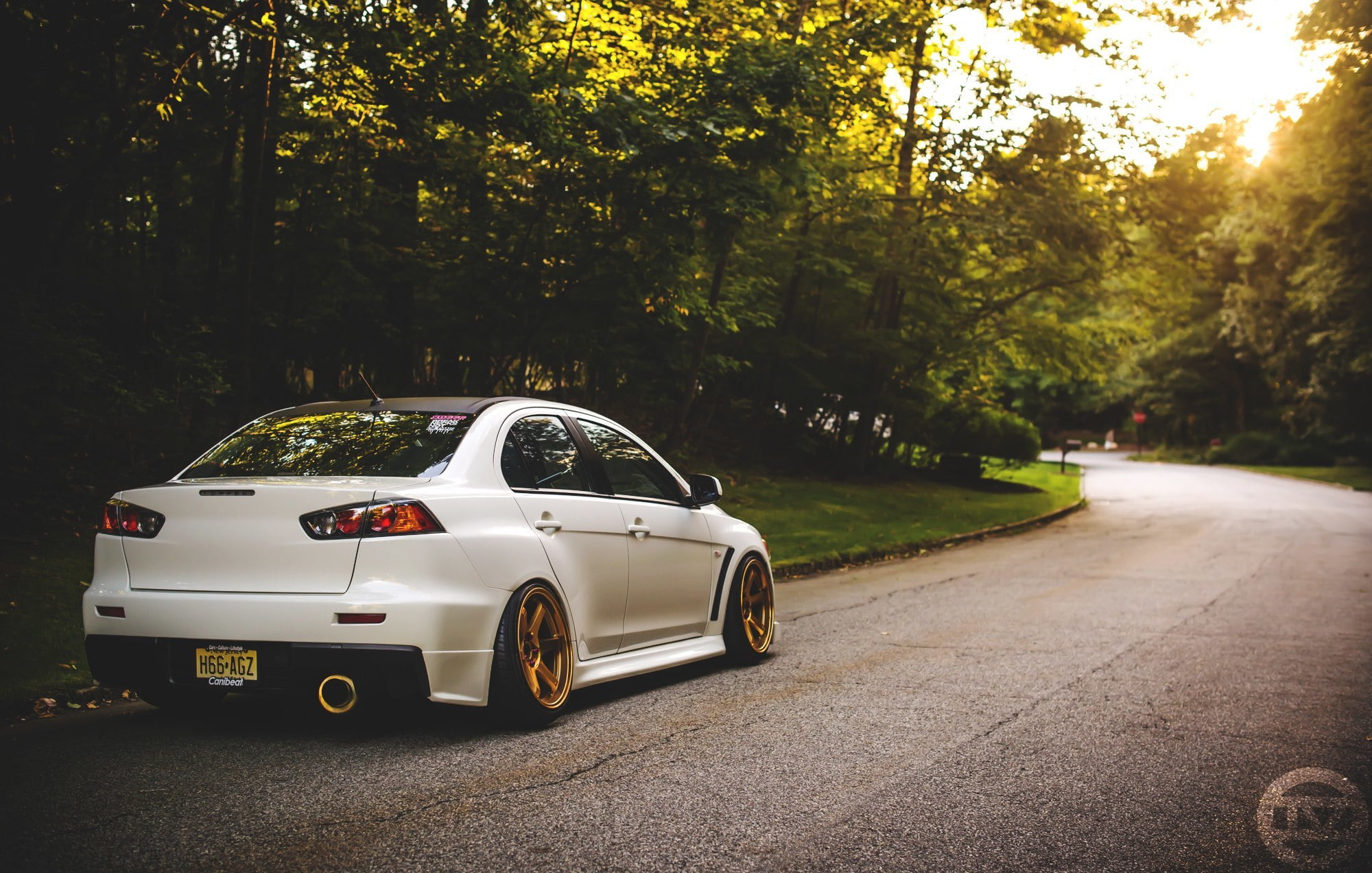 transportation, Mitsubishi, street, stationary, day, 1080P, tree, land vehicle, sunlight, gold, motor vehicle, outdoors, sedan, lancer, evolution, light, HD Wallpaper