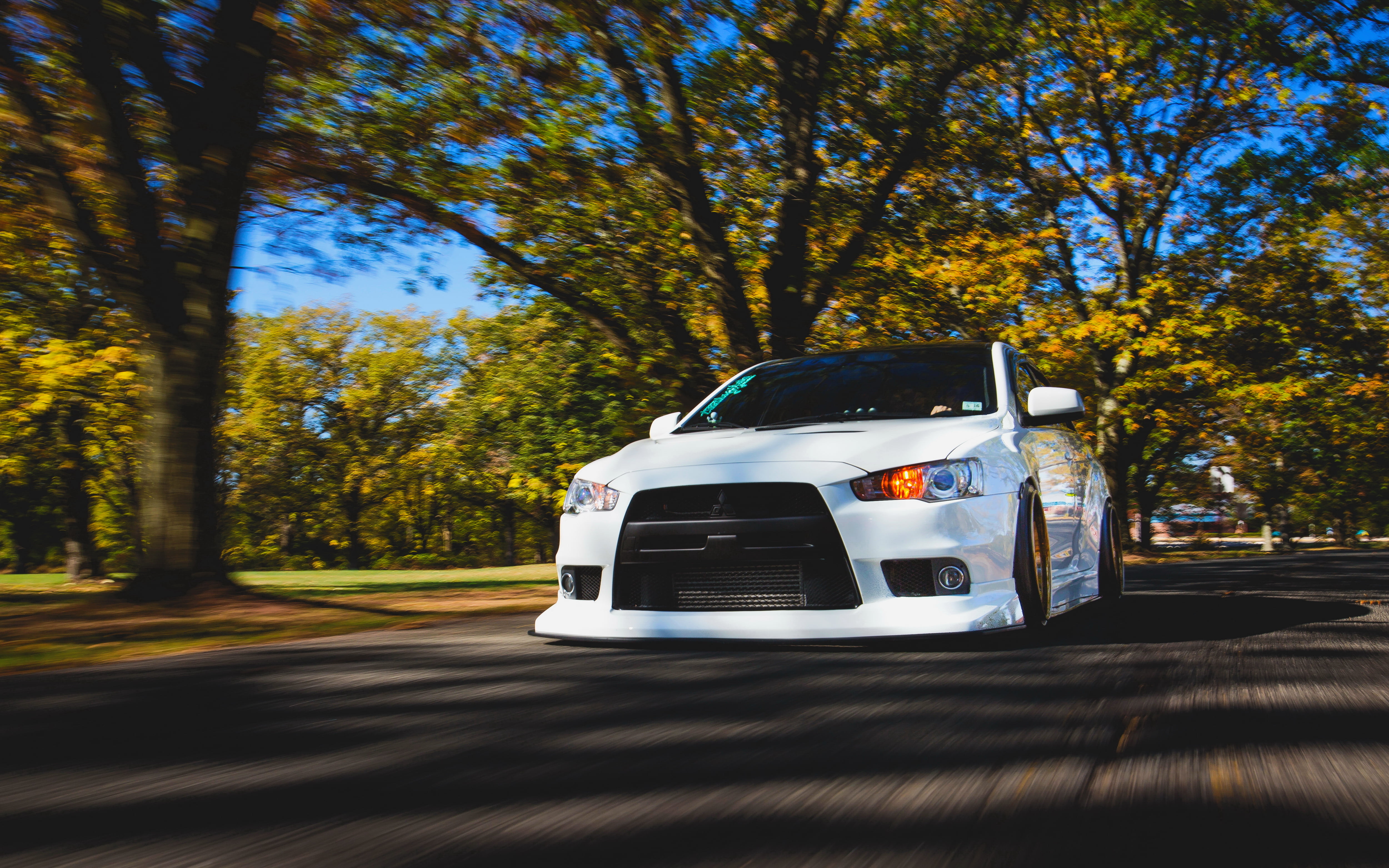 rechange, sunlight, road, forest, stance, land vehicle, motor vehicle, evo x, white, plant, growth, in motion, lancer, tree, low, motion, mode of transportation, HD Wallpaper