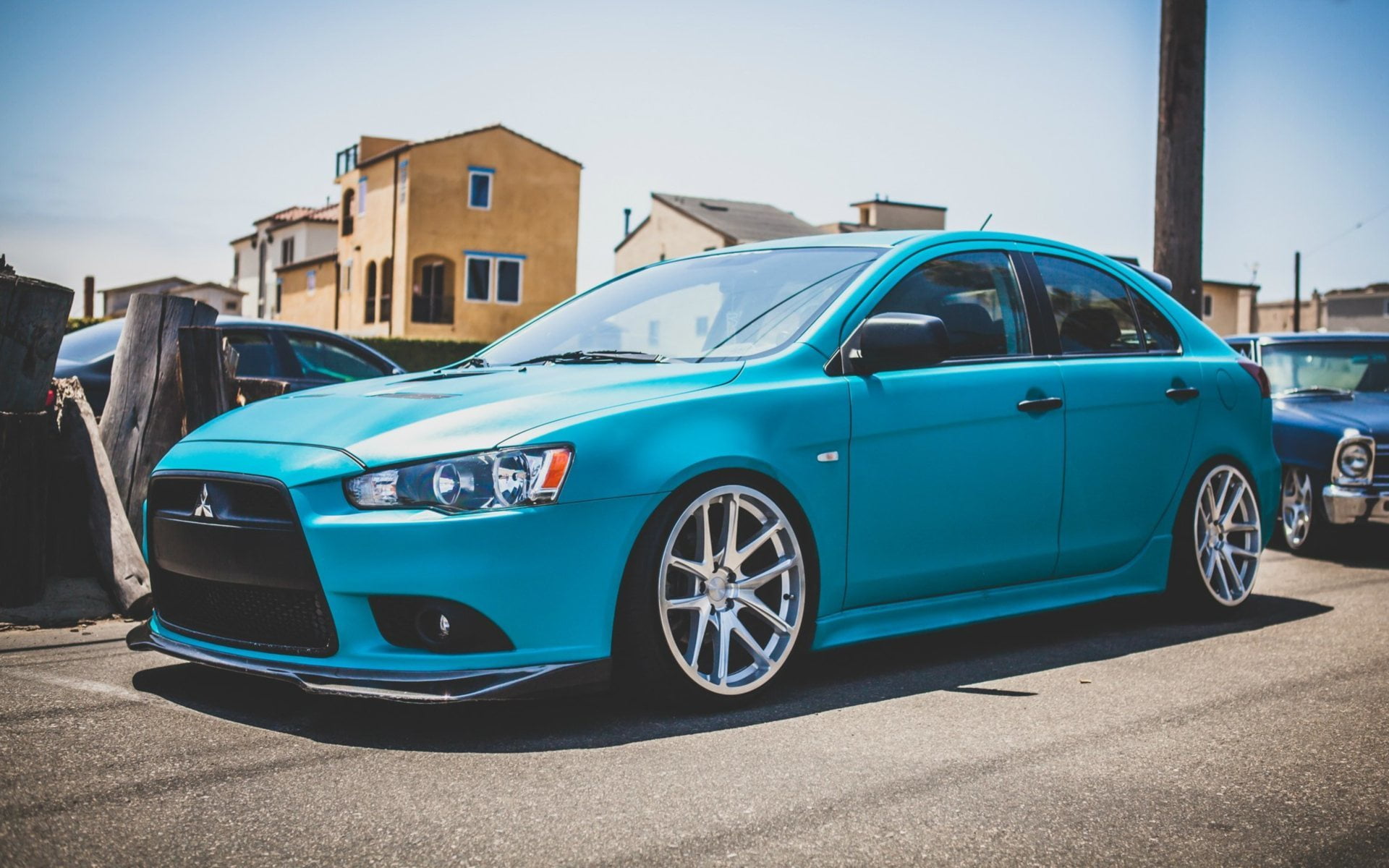mitsubishi, land vehicle, transportation, Sunny day, green, blue, nature, vintage car, mode of transportation, road, stationary, 1080P, evo x, day, city, HD Wallpaper