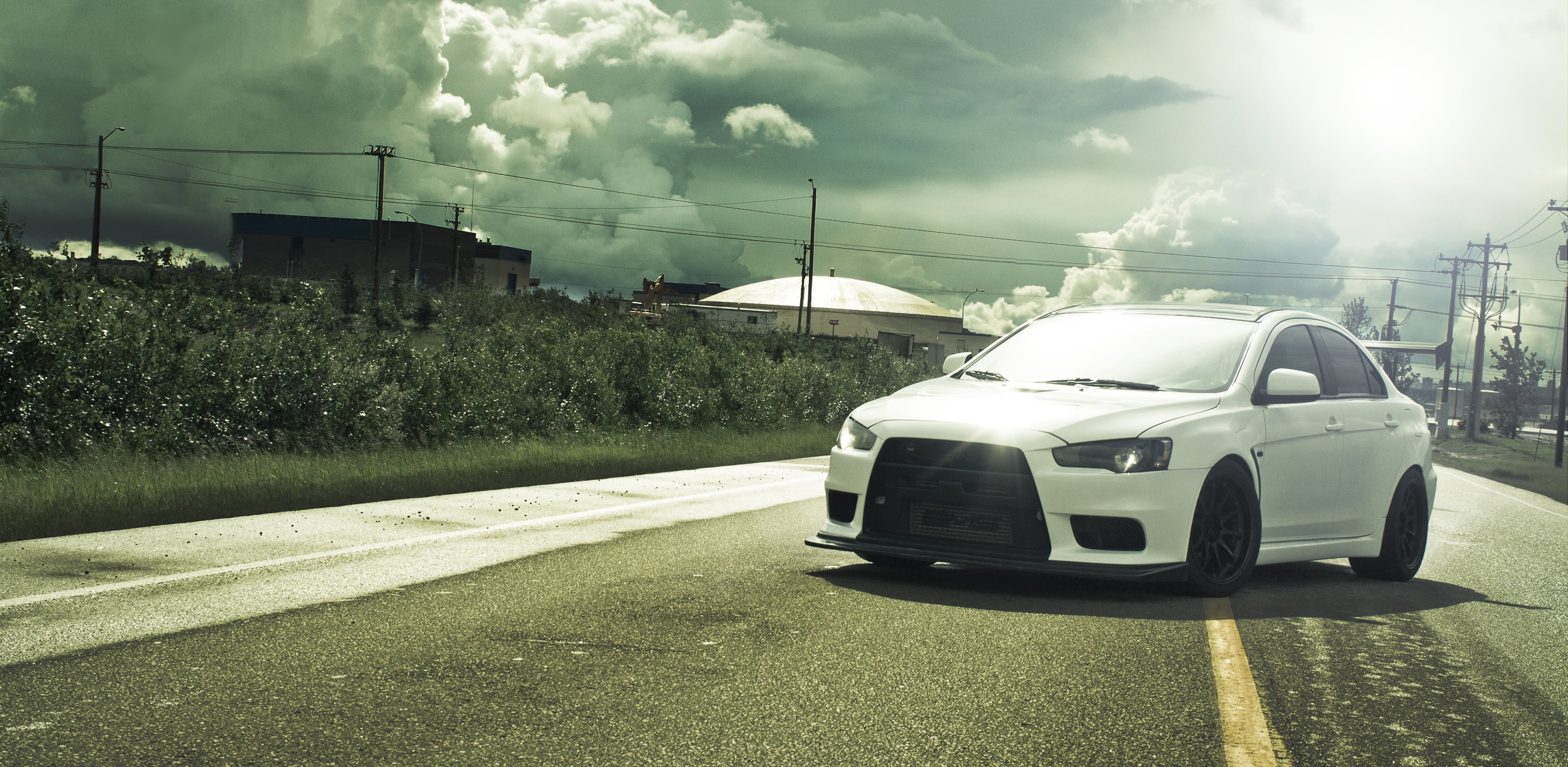 car, evo X, highway, cloudscape, transportation, mode of Transport, road, white, lancer, sky, evolution, traffic, driving, city, no People, 2K, marking, HD Wallpaper
