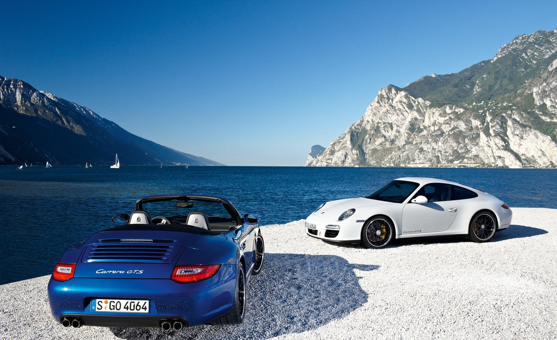 beauty in nature, Porsche, clear sky, road trip, land vehicle, sunlight, water, mode of transportation, mountain, motor vehicle, day, carerra, convertible, HD Wallpaper