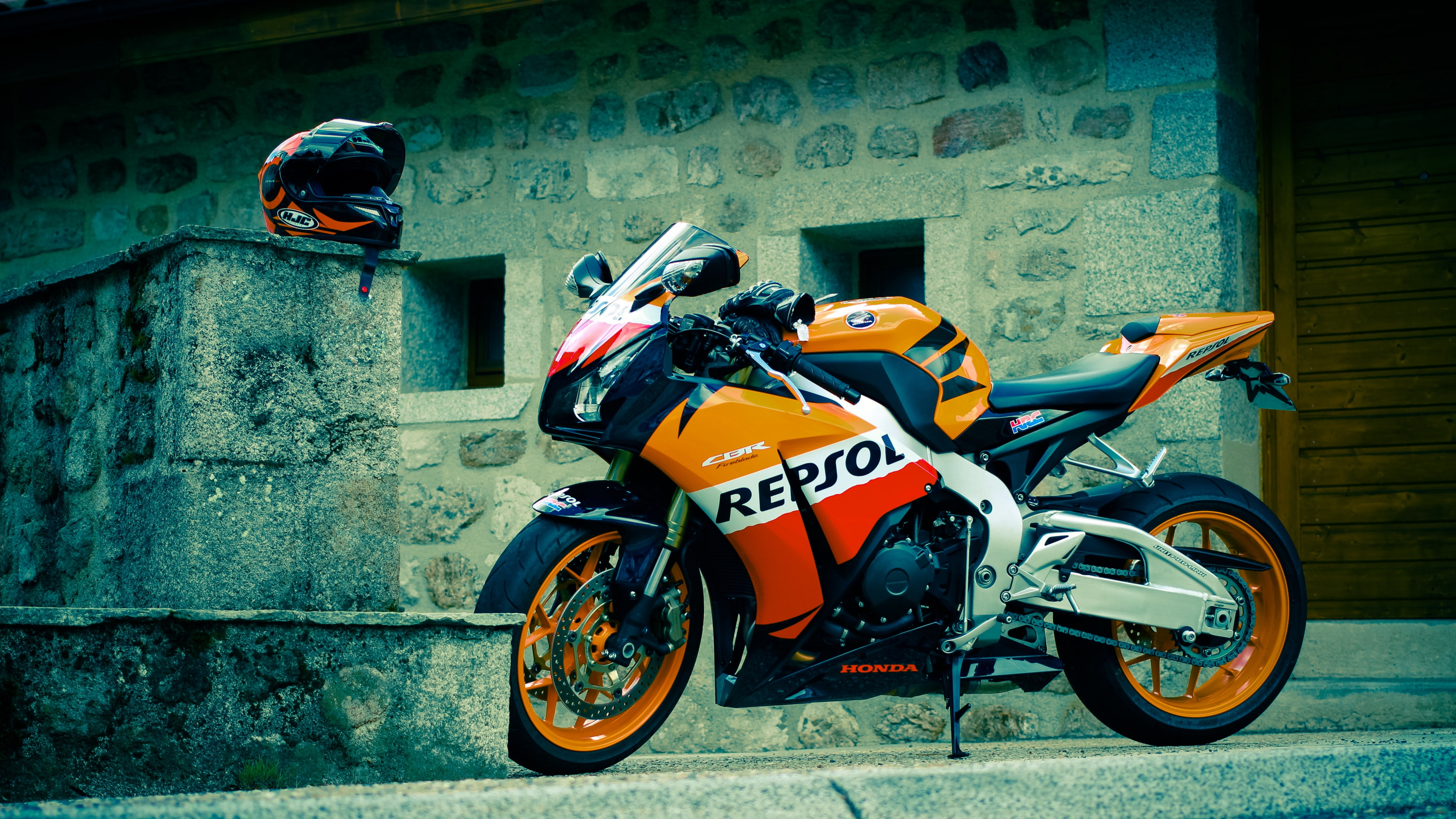 motor scooter, parking, crash helmet, stationary, city, transportation, 4K, day, street, motorcycle, wall - building feature, honda, mode of transportation, HD Wallpaper