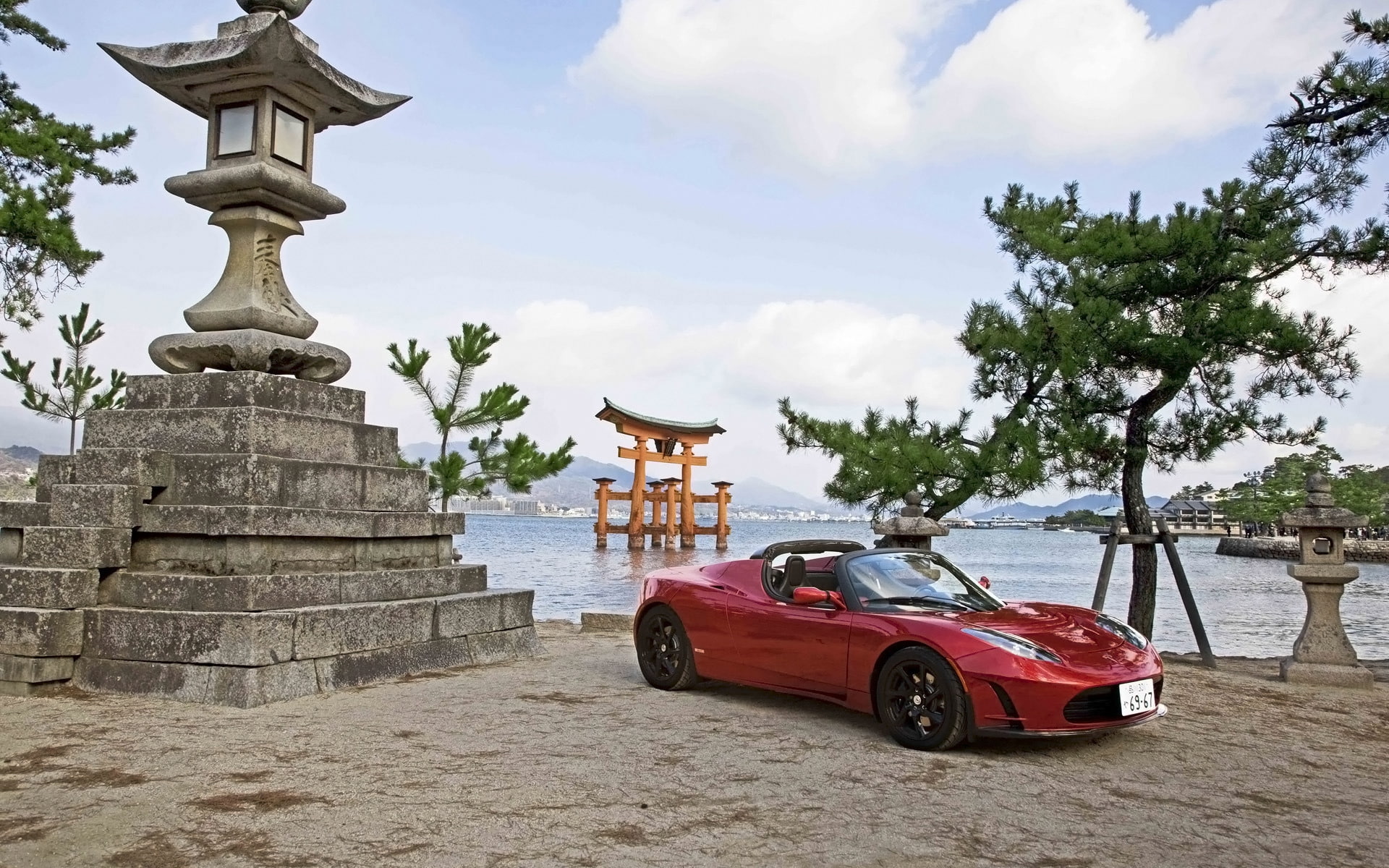 red, convertible, 1080P, tesla, car, japan, roadster, HD Wallpaper
