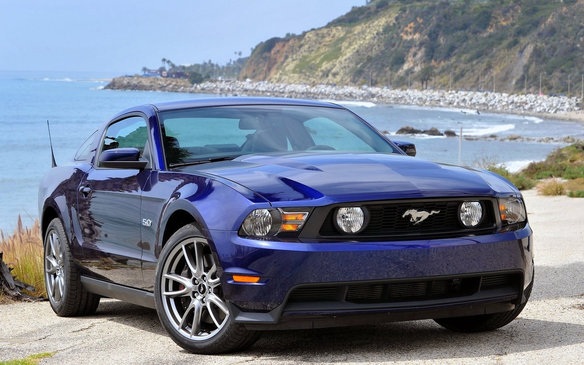 retro Styled, land Vehicle, travel, gt, super - Film Title, classic, old, rock, blue, summer, day, outdoors, mustang, front view, 1080P, ford, sea, motor Vehicle, HD Wallpaper