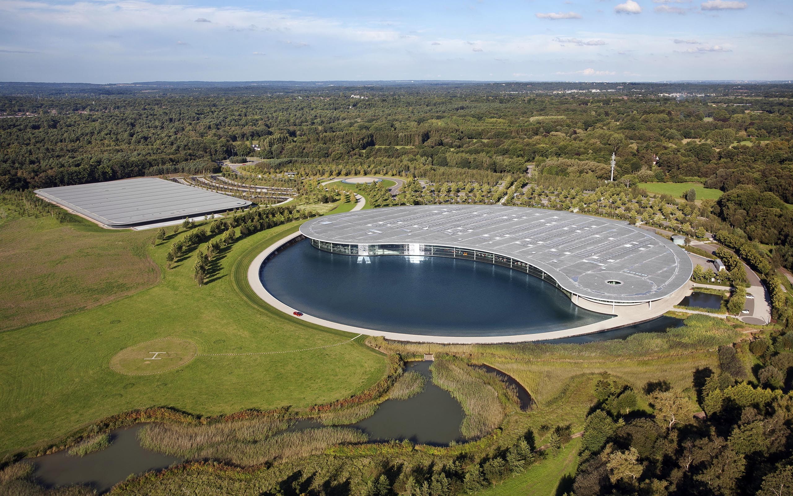 McLaren Technology Centre, beauty in nature, sport, river, Birds Eye View, environment, UK, high angle view, road, tranquility, grass, Woking, outdoors, HD Wallpaper
